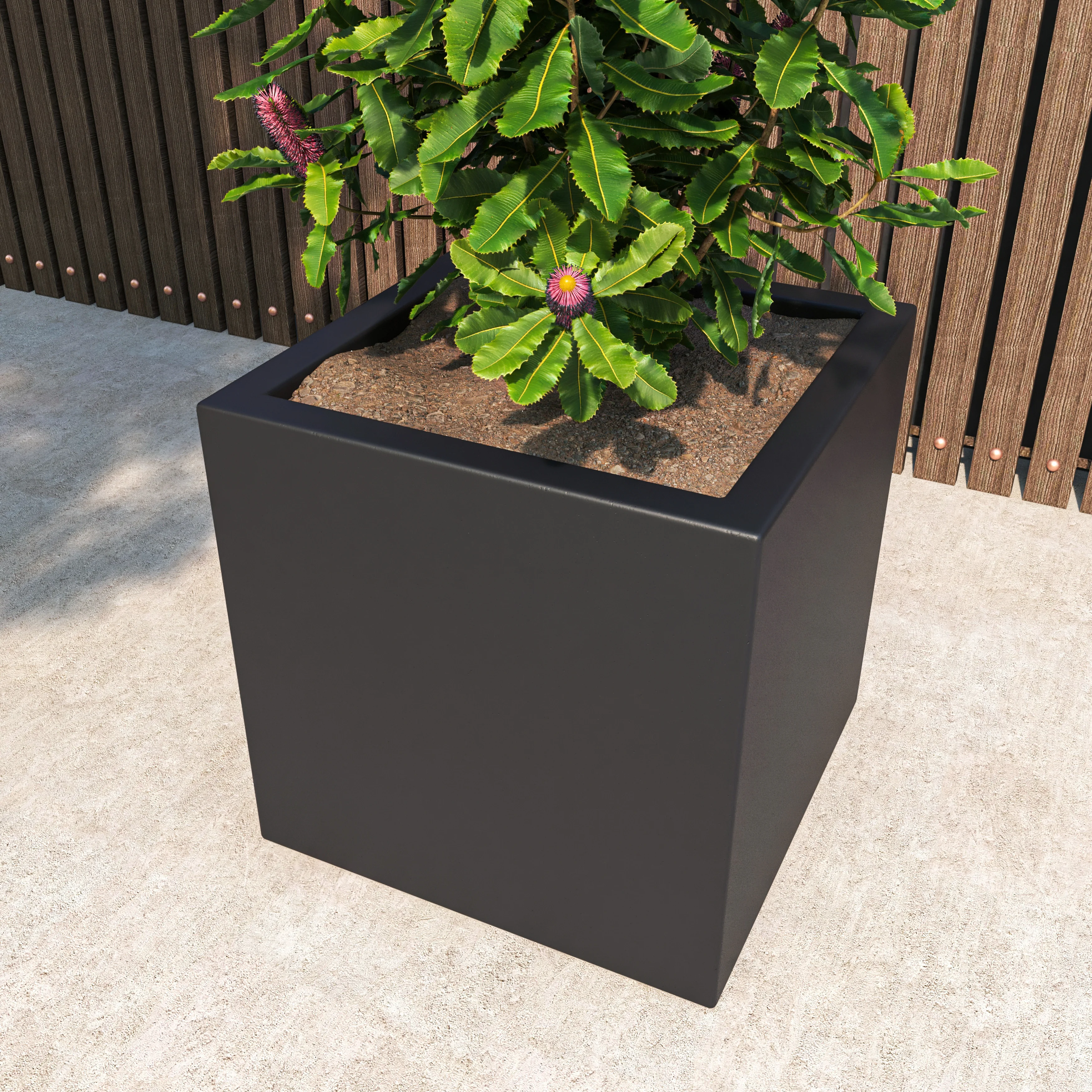 Fern Series Poly Stone Planter 23.6" Cube in Black