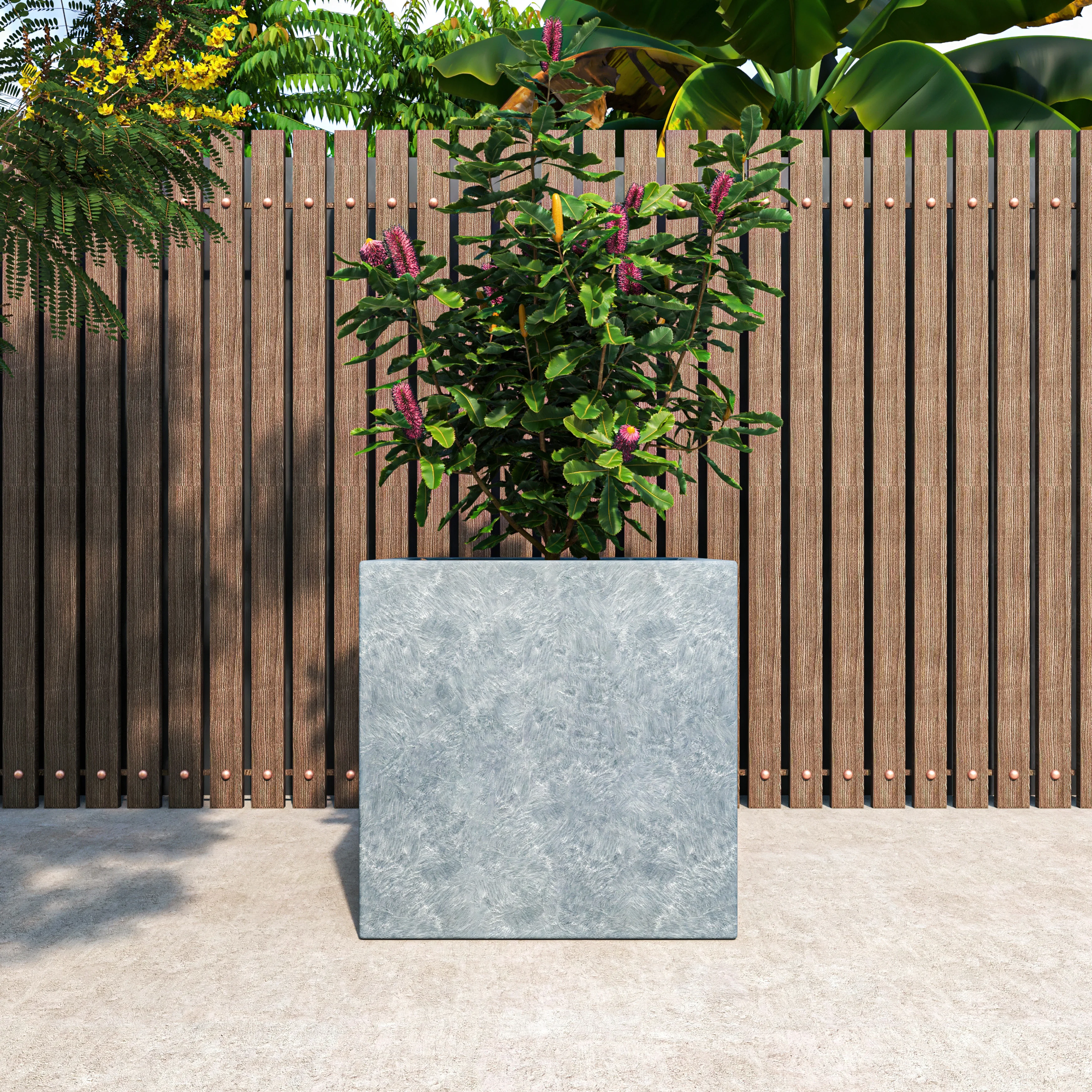 Fern Series Poly Stone Planter 23.6" Cube in Grey