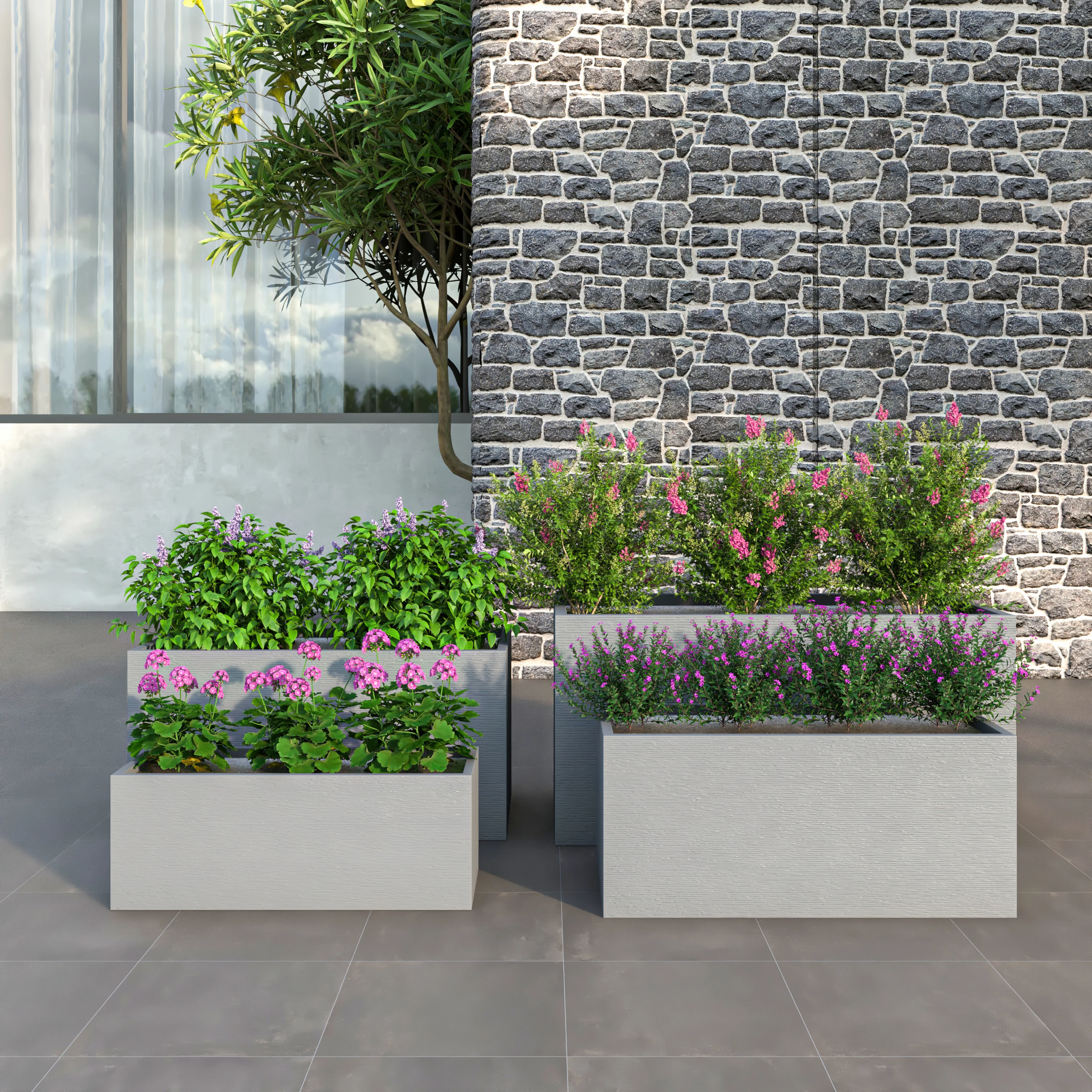 Flora Series Poly Stone Planter Set in Grey