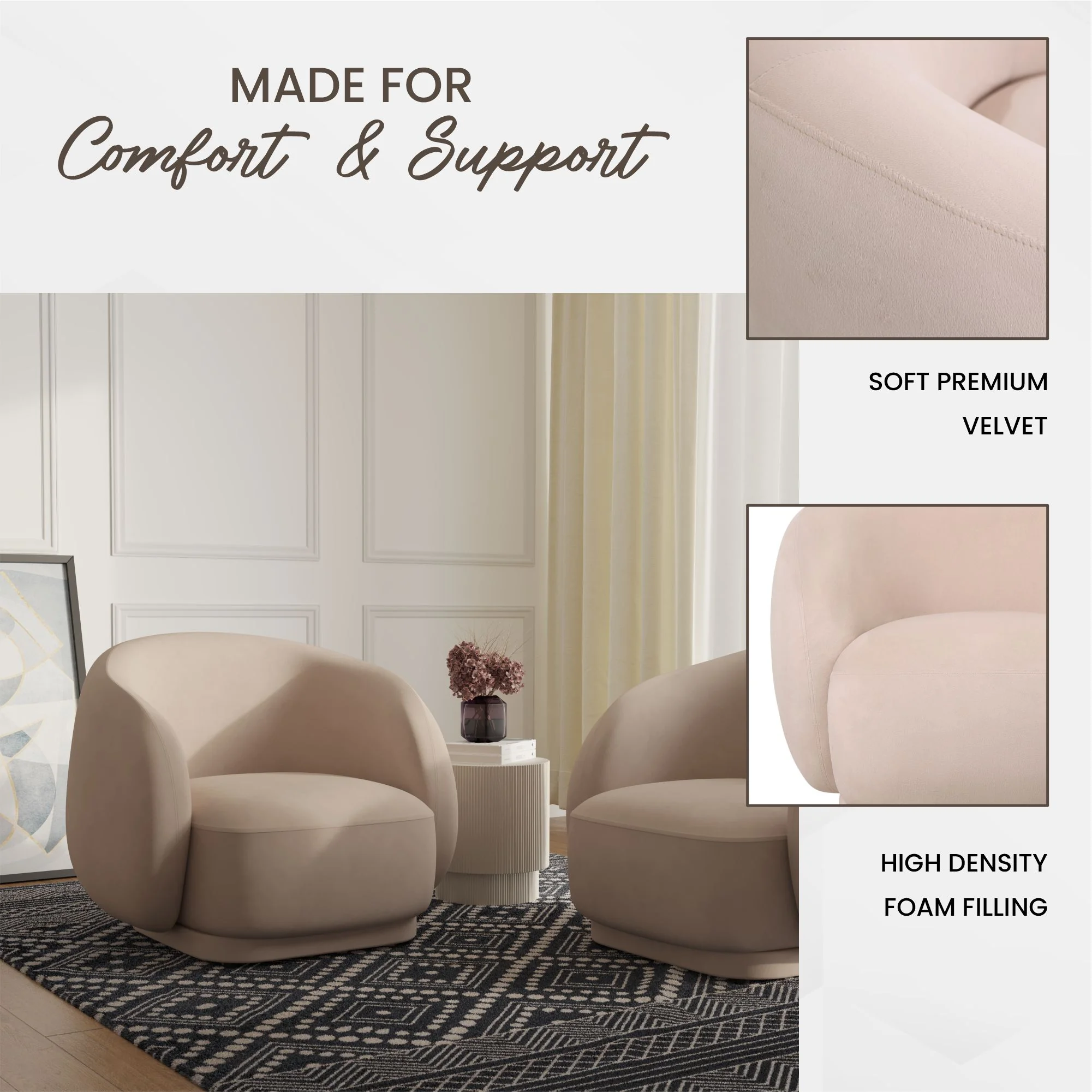 Faze Collection Modern Single Seater Sofa in Beige Velvet