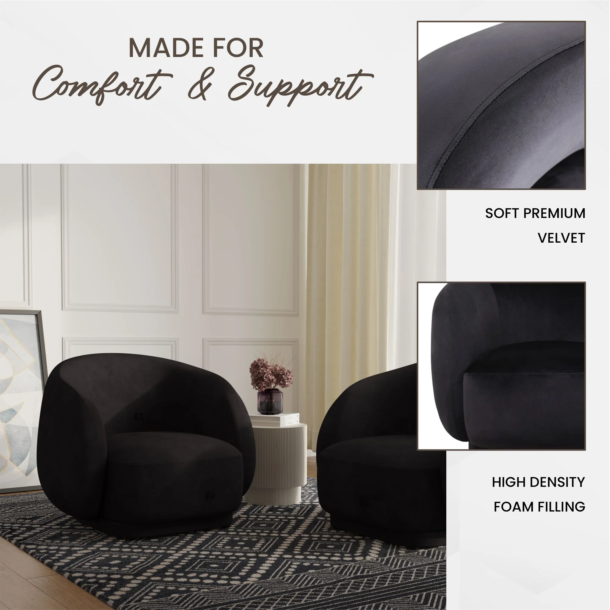 Faze Collection Modern Single Seater Sofa in Black Velvet