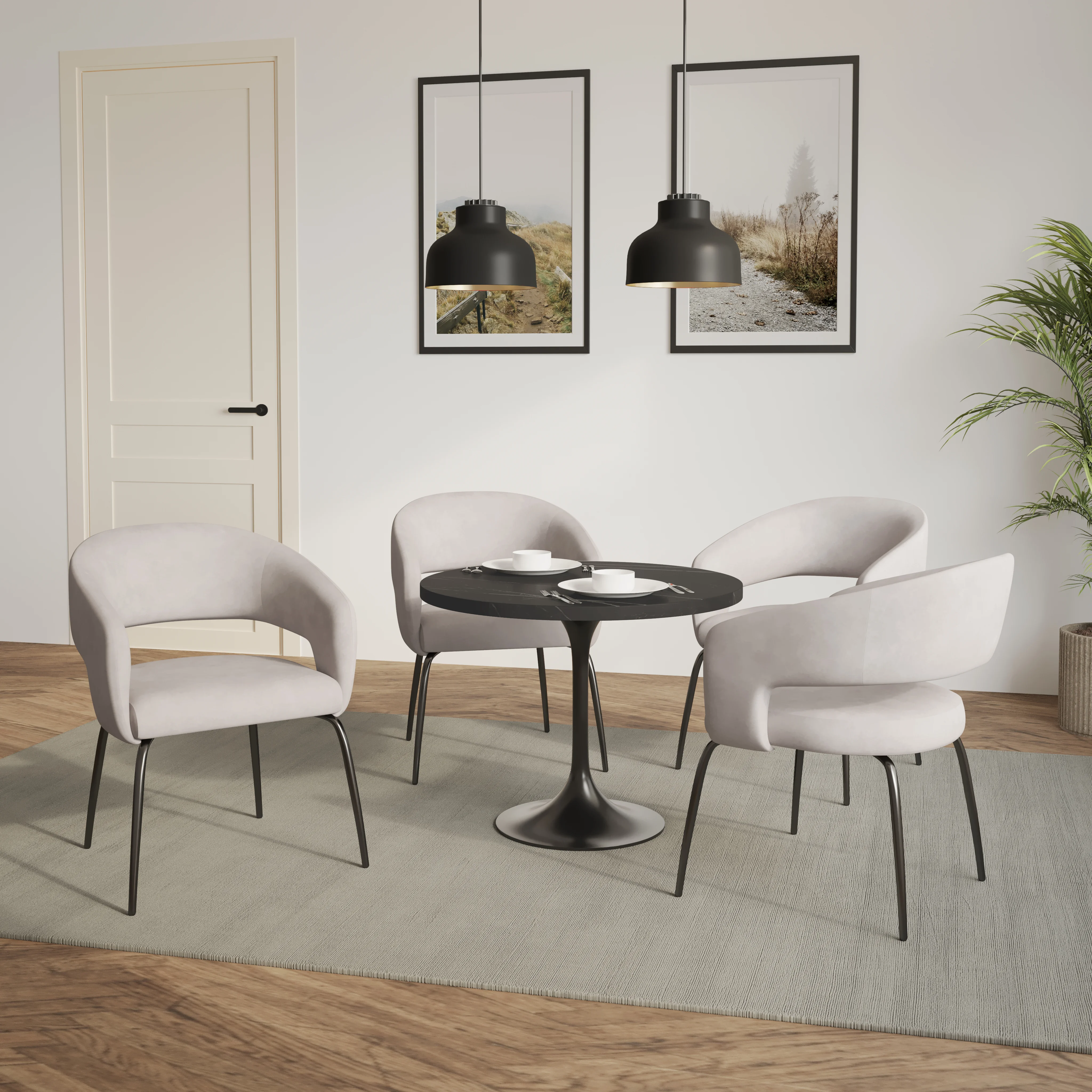 Verve 5-Piece Dining Set with 36" Round Dining Table in Black MDF Top and 4 Dining Chairs in Beige Velvet