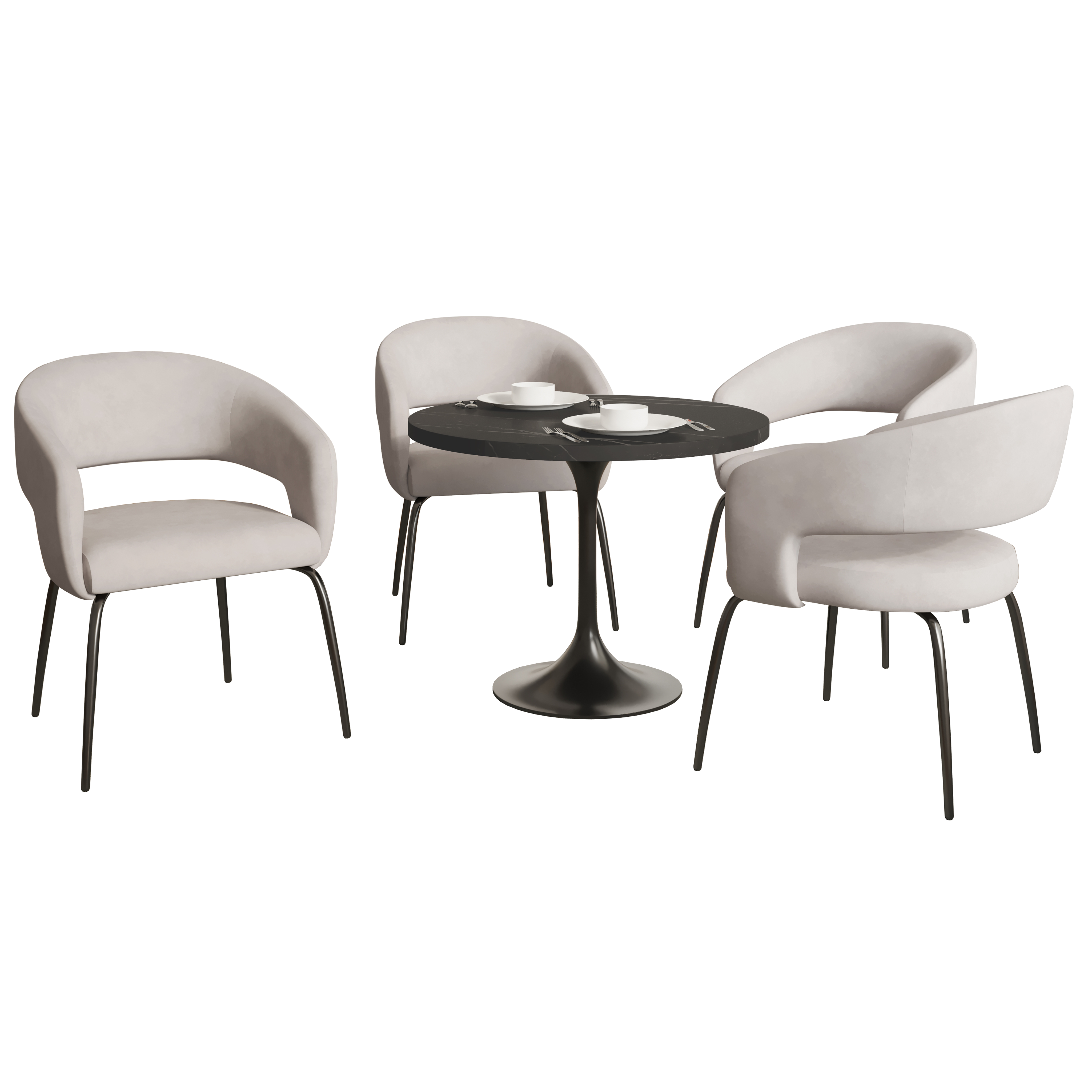 Verve 5-Piece Dining Set with 36" Round Dining Table in Black MDF Top and 4 Dining Chairs in Beige Velvet