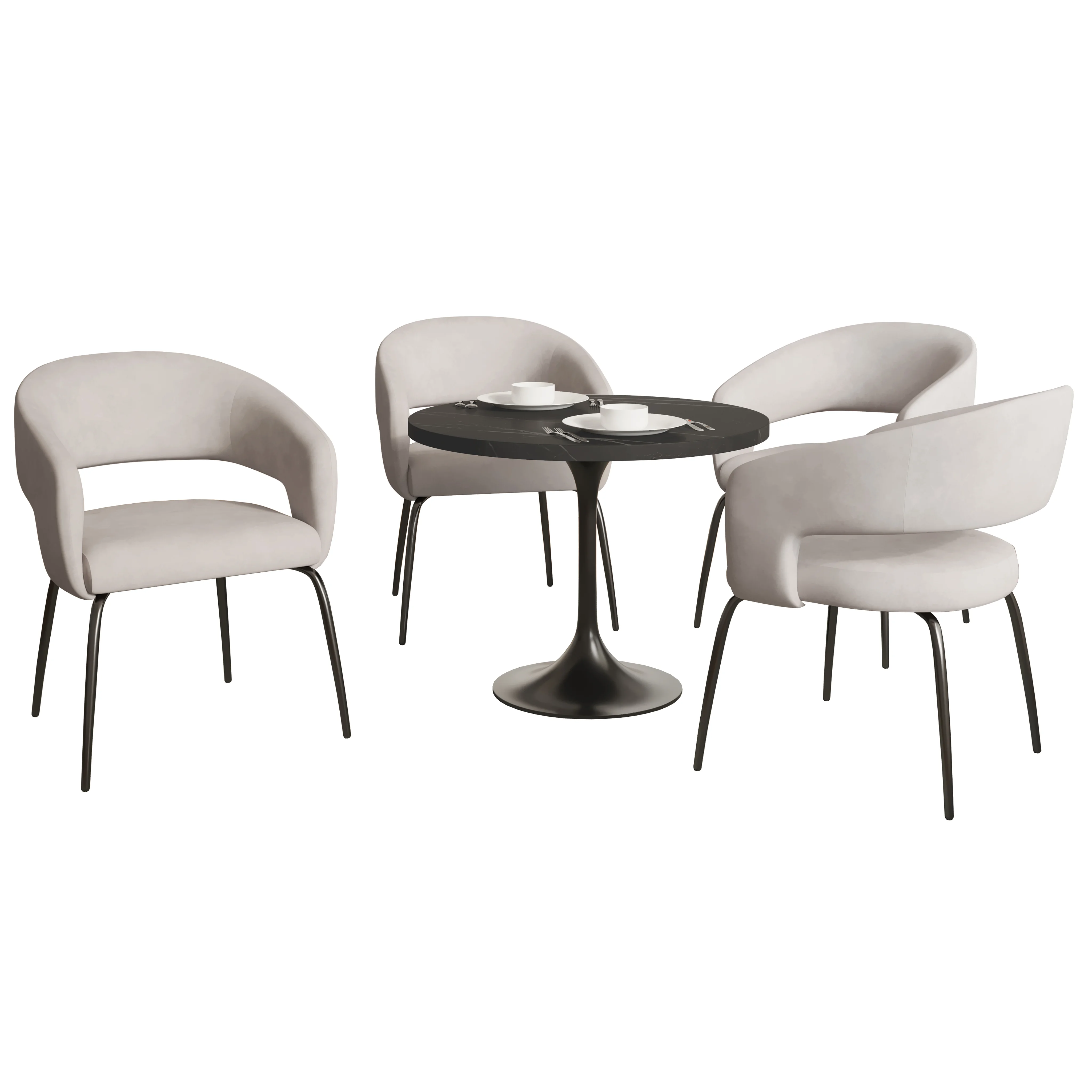 Verve 5-Piece Dining Set with 36" Round Dining Table in Black MDF Top and 4 Dining Chairs in Beige Velvet