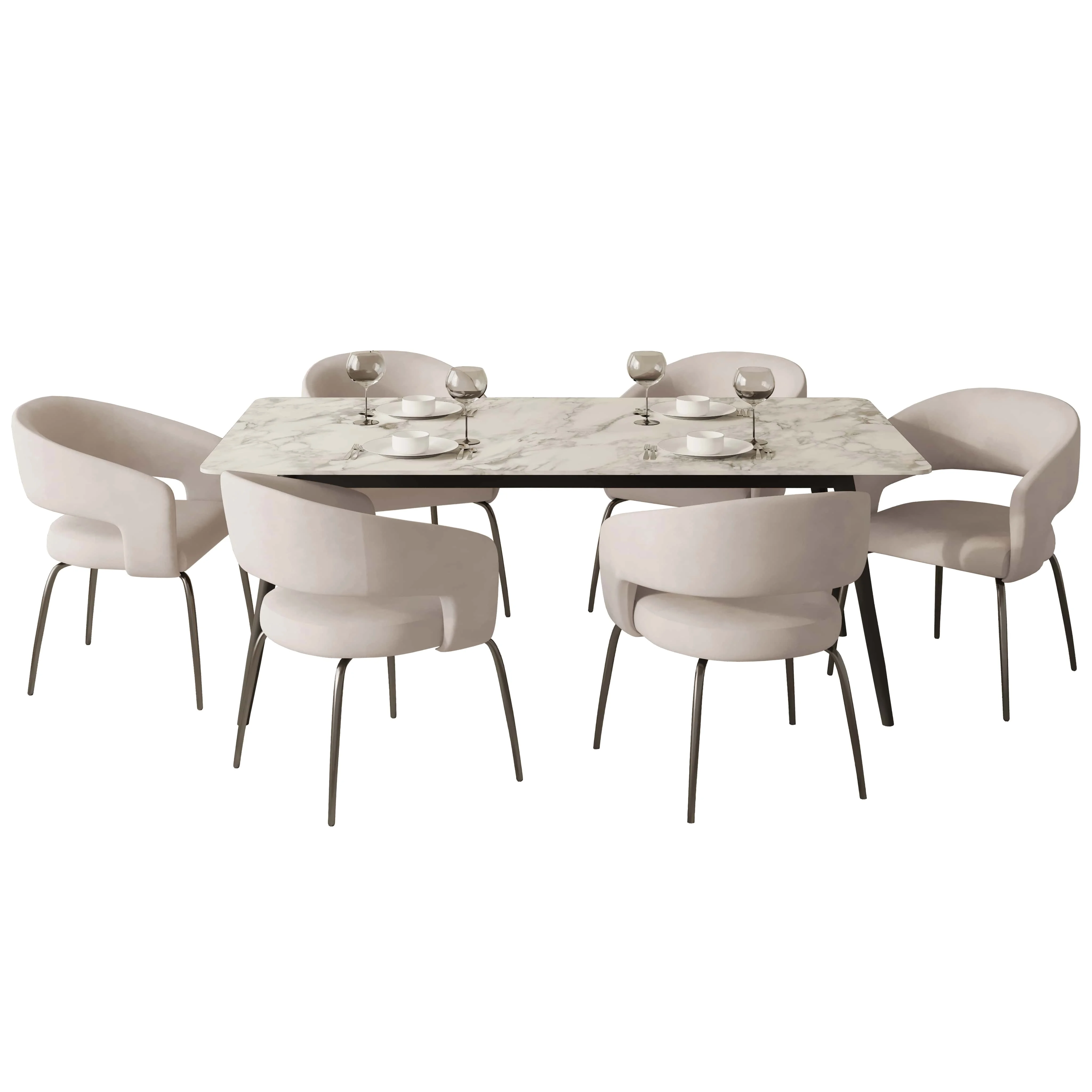 7-Piece Dining Set with Rectangular Sintered Stone Dining Table and 6 Velvet Dining Chairs with Iron Base
