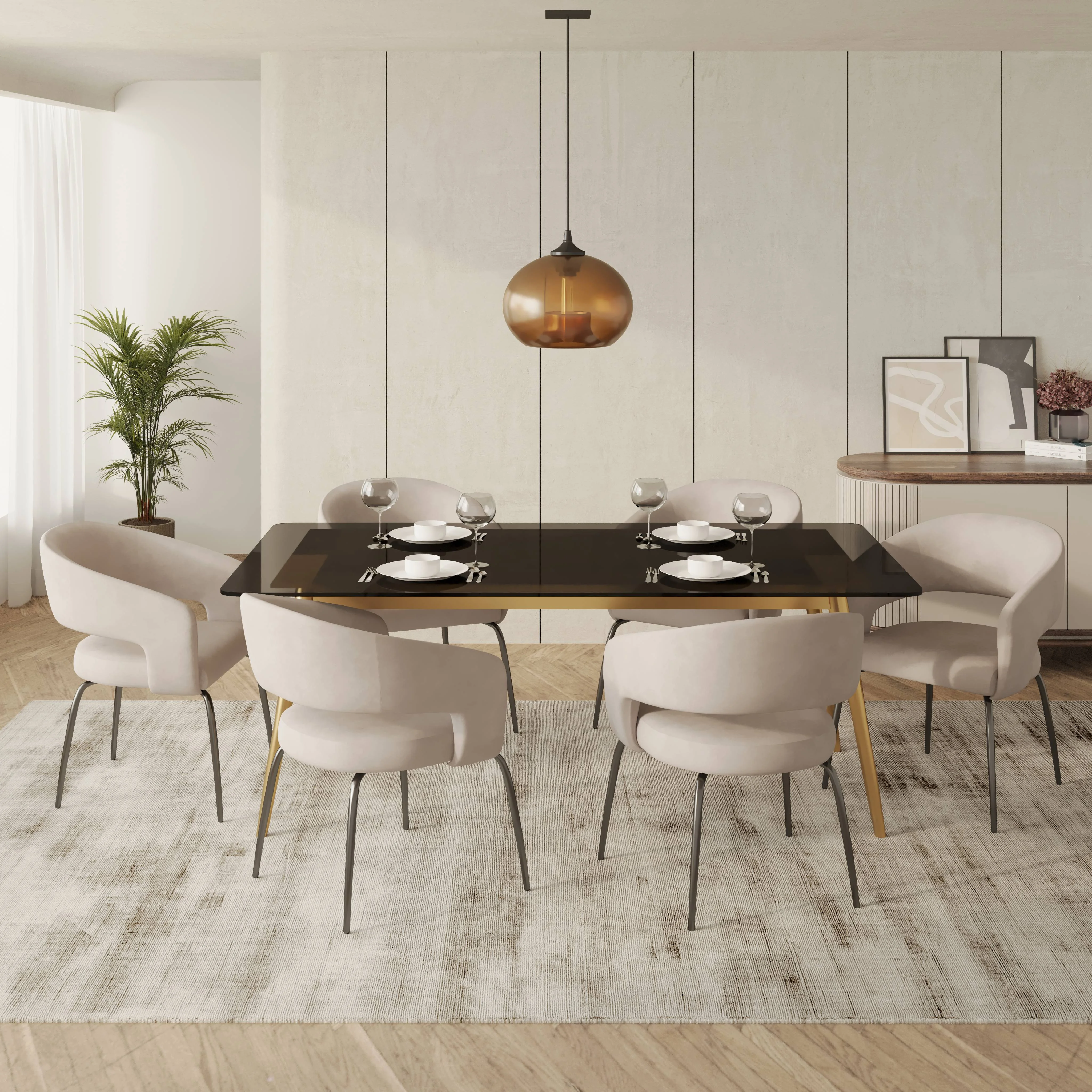 7-Piece Dining Set with Rectangular Glass Dining Table Gold Base and 6 Velvet Dining Chairs with Iron Base