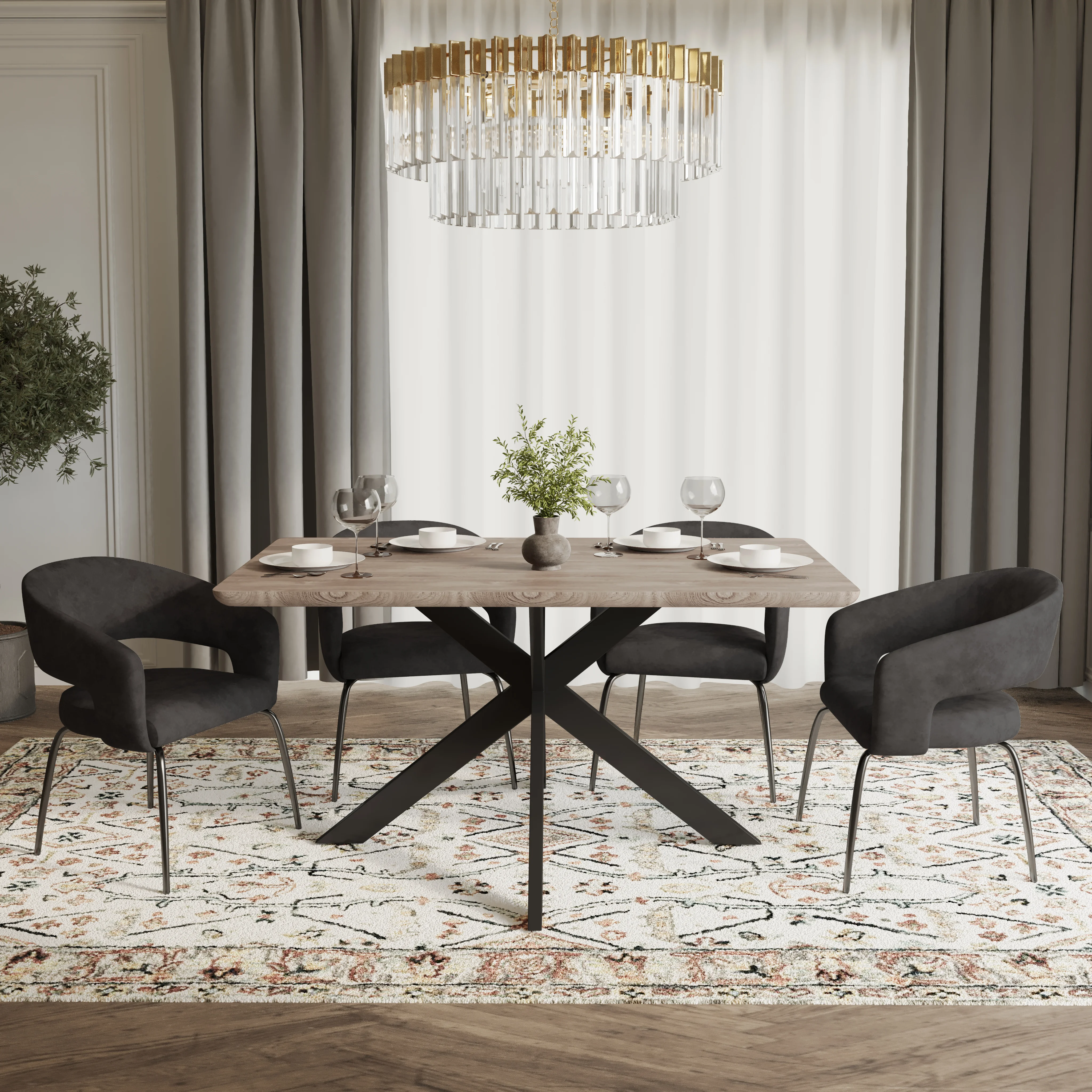 Ravenna 5-Piece Dining Set with Rectangular Dining Table in Maple and 6 Dining Chairs in Charcoal Velvet
