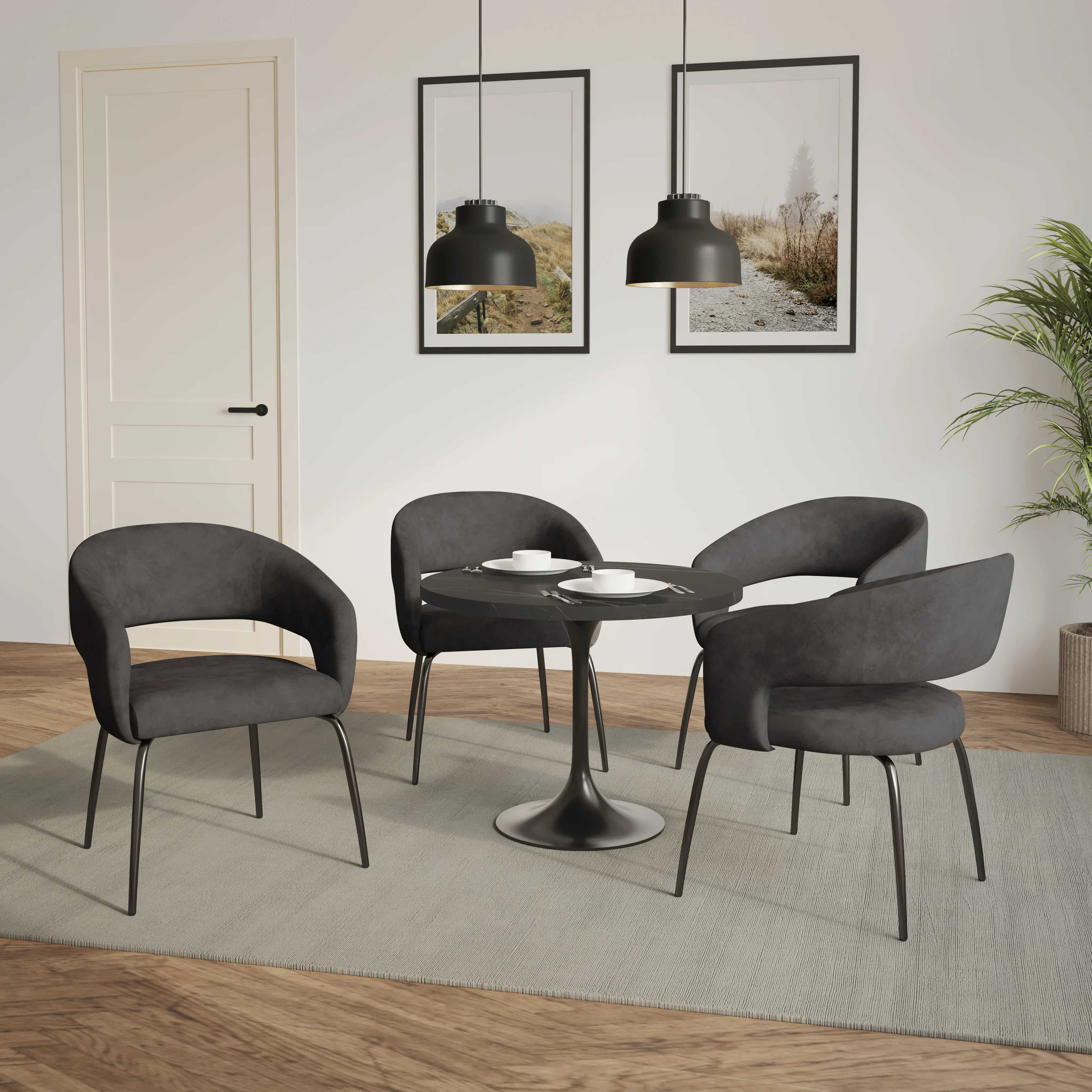 Verve 5-Piece Dining Set with 36" Round Dining Table in Black MDF Top and 4 Dining Chairs in Charcoal Velvet