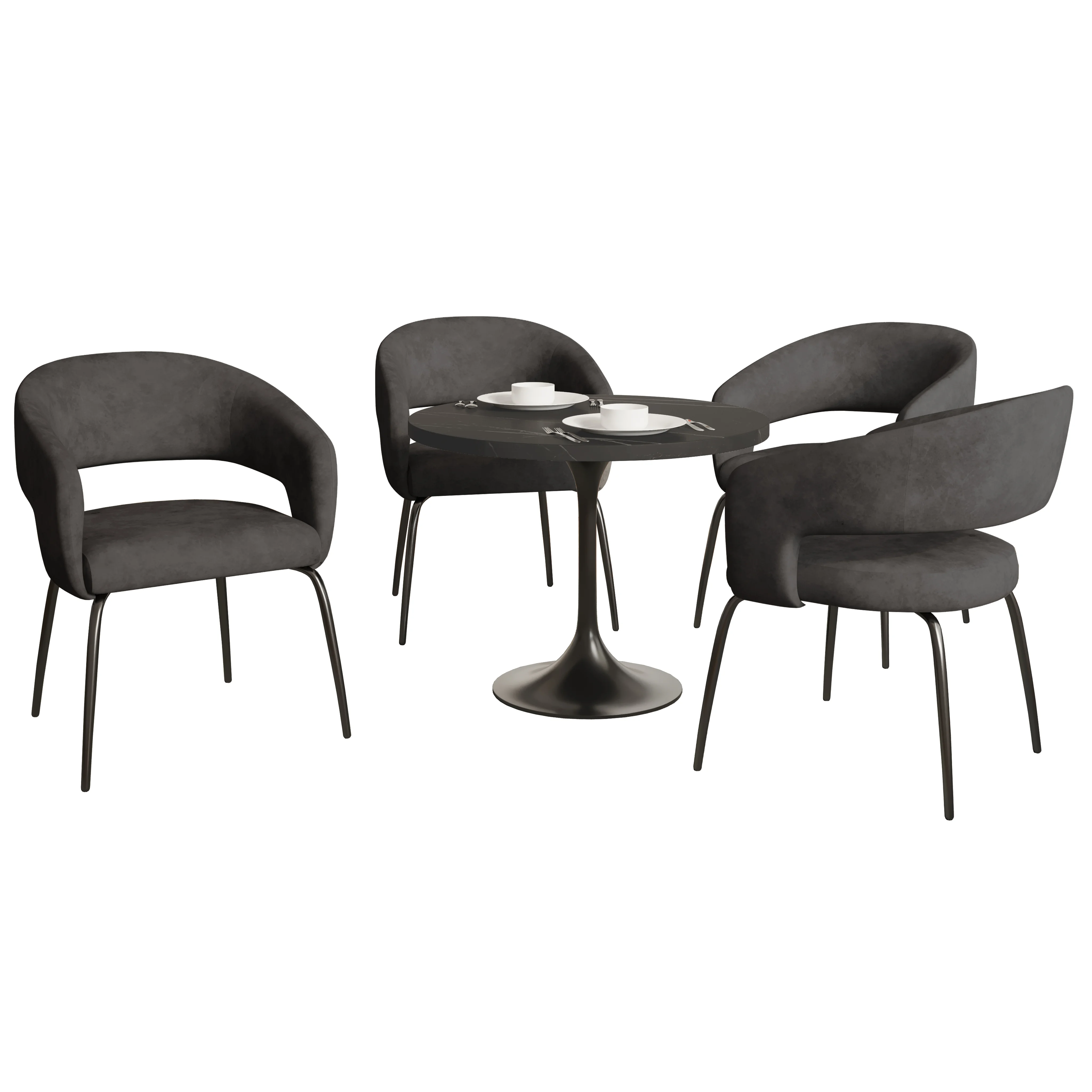 Verve 5-Piece Dining Set with 36" Round Dining Table in Black MDF Top and 4 Dining Chairs in Charcoal Velvet