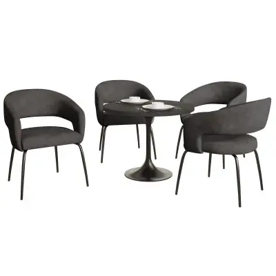 Verve 5-Piece Dining Set with 36" Round Dining Table in Black MDF Top and 4 Dining Chairs in Charcoal Velvet
