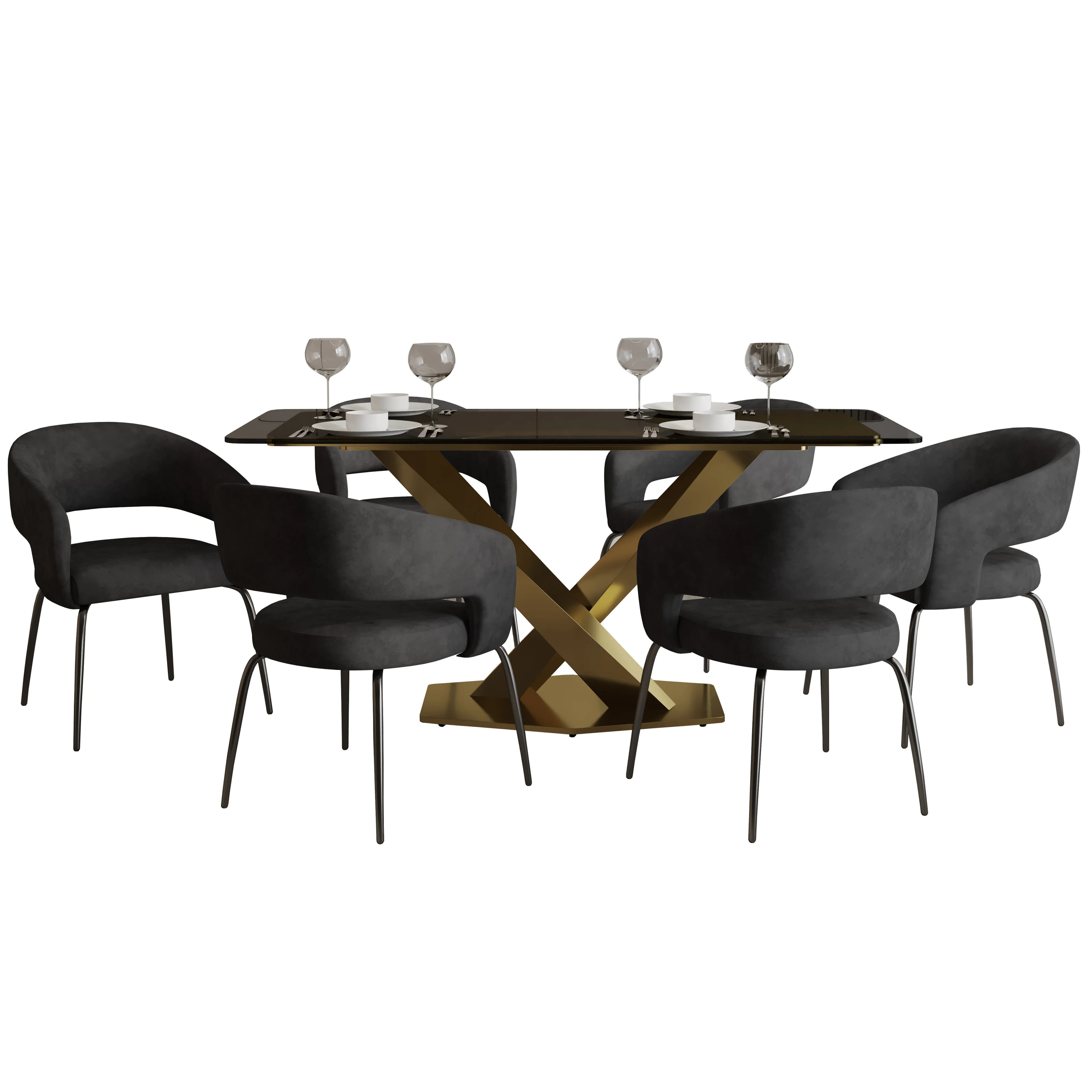 7-Piece Dining Set with Rectangular Glass Dining Table Gold Base and 6 Velvet Dining Chairs with Iron Base
