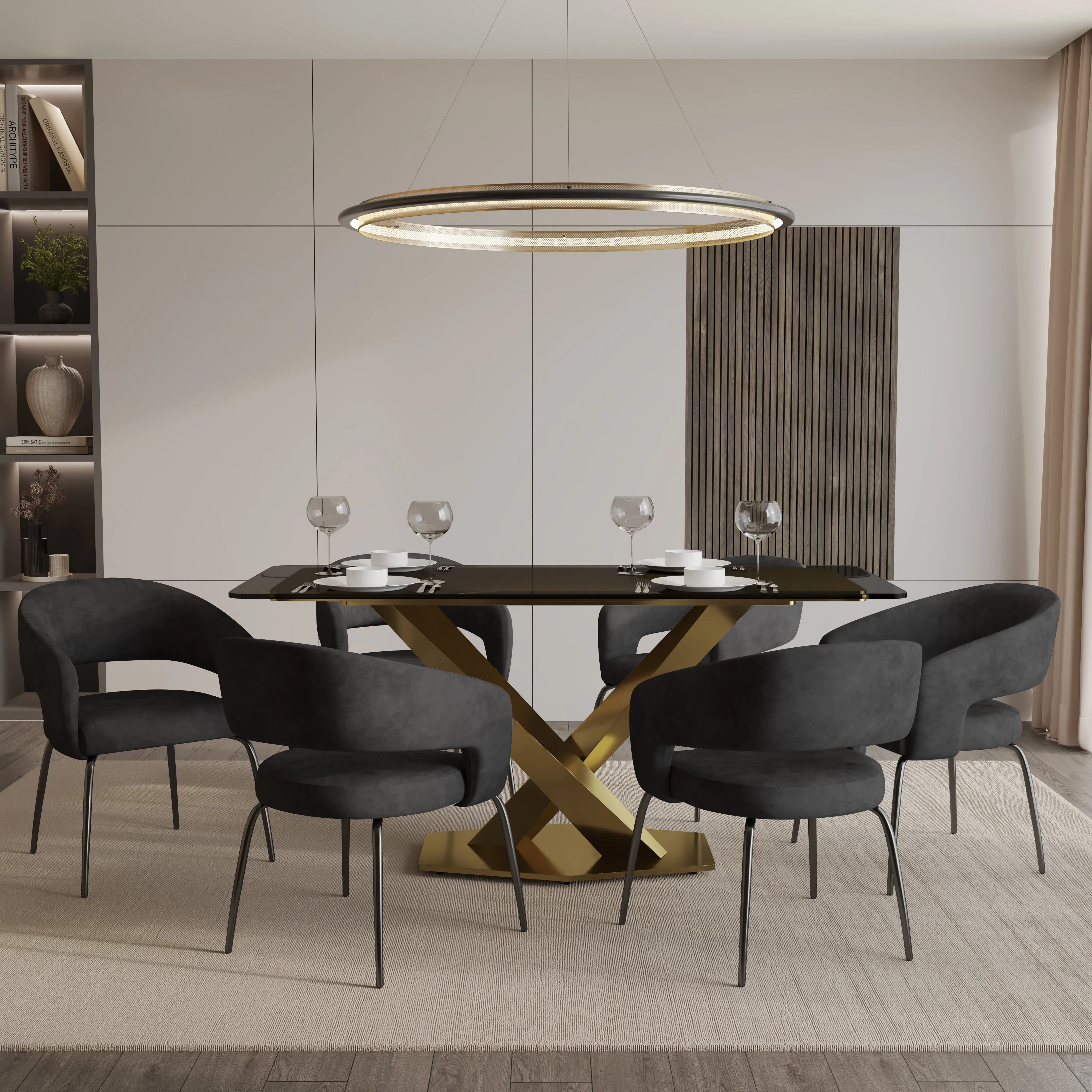 7-Piece Dining Set with Rectangular Glass Dining Table Gold Base and 6 Velvet Dining Chairs with Iron Base