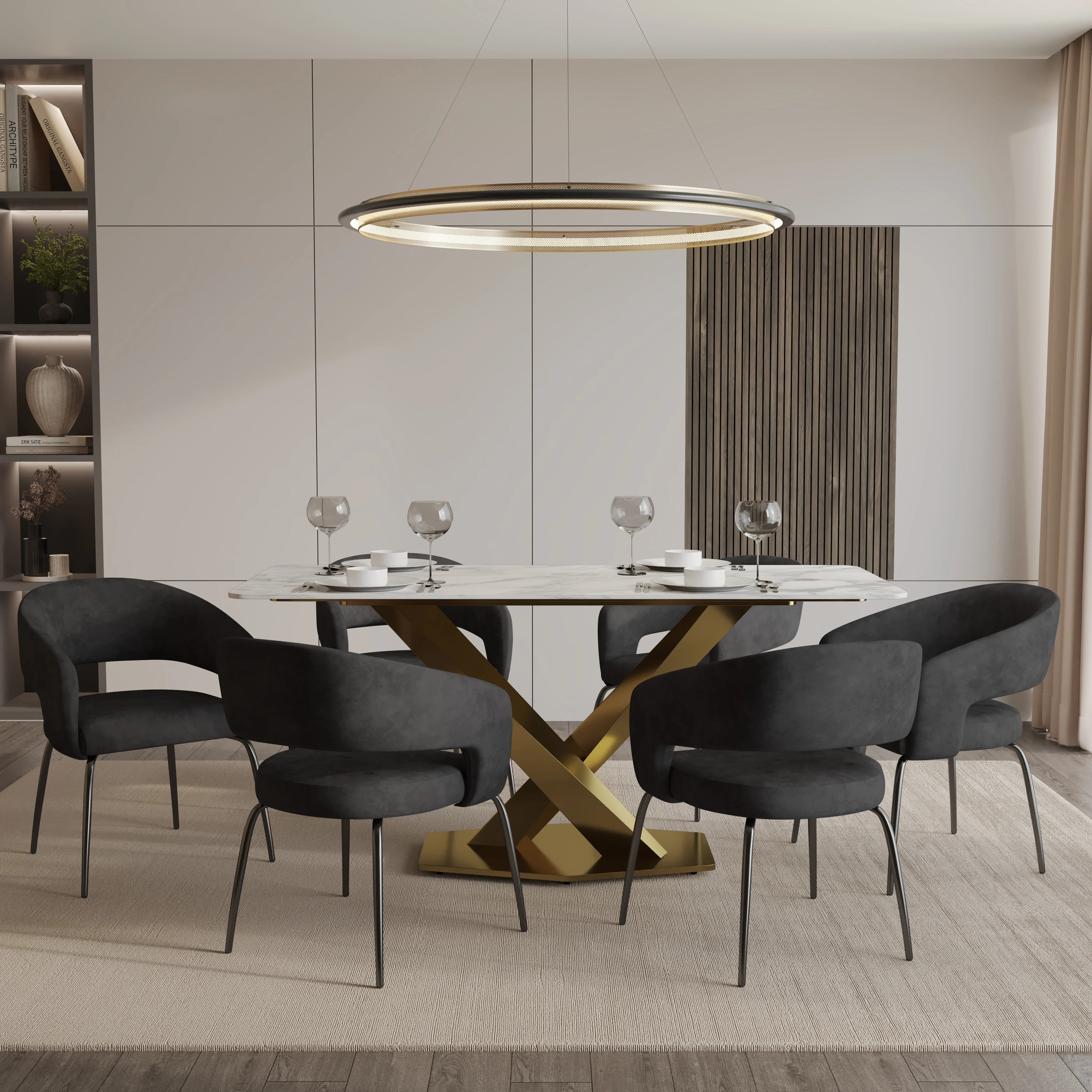 7-Piece Dining Set with Rectangular Sintered Stone Dining Table Gold Base and 6 Velvet Dining Chairs with Iron Base