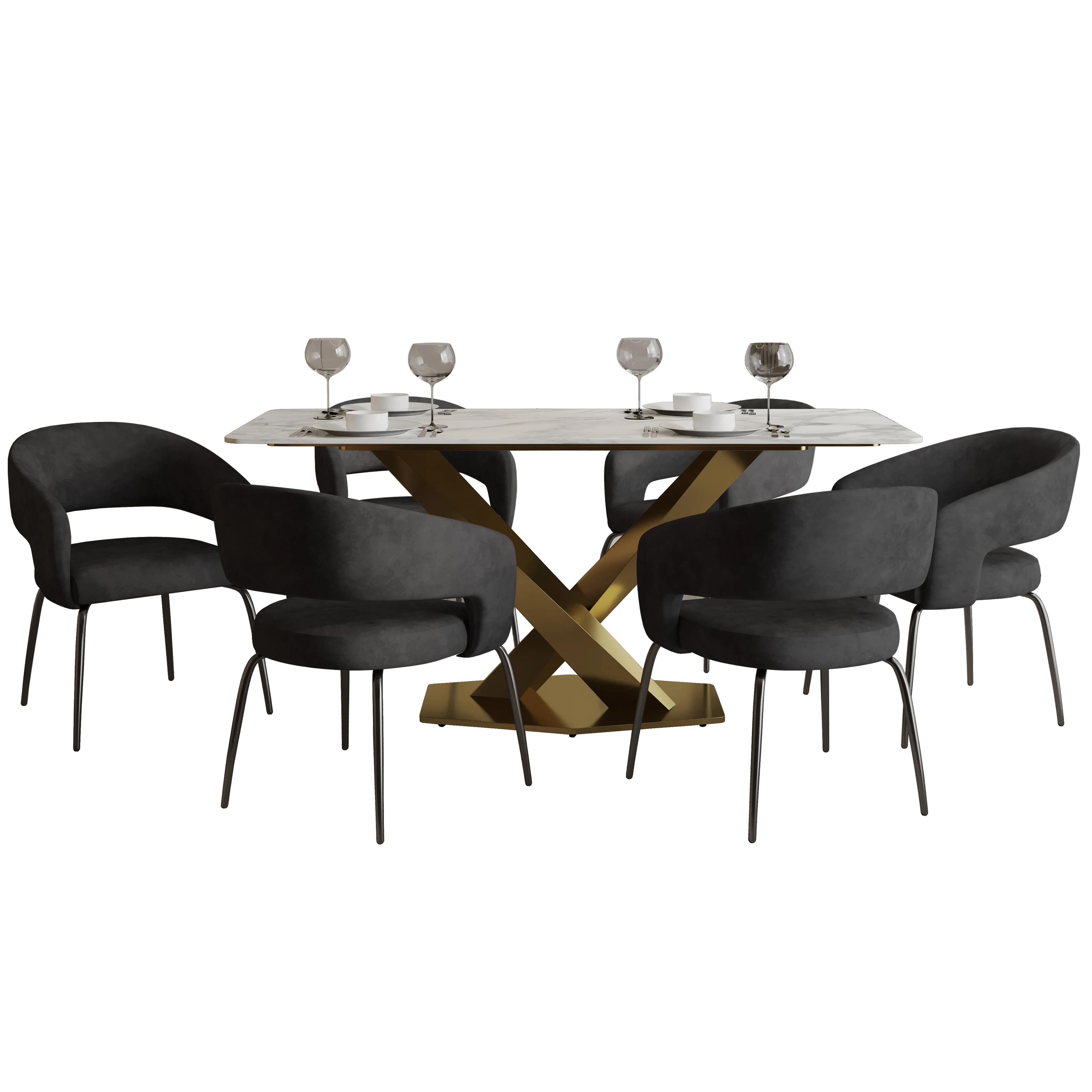 7-Piece Dining Set with Rectangular Sintered Stone Dining Table Gold Base and 6 Velvet Dining Chairs with Iron Base