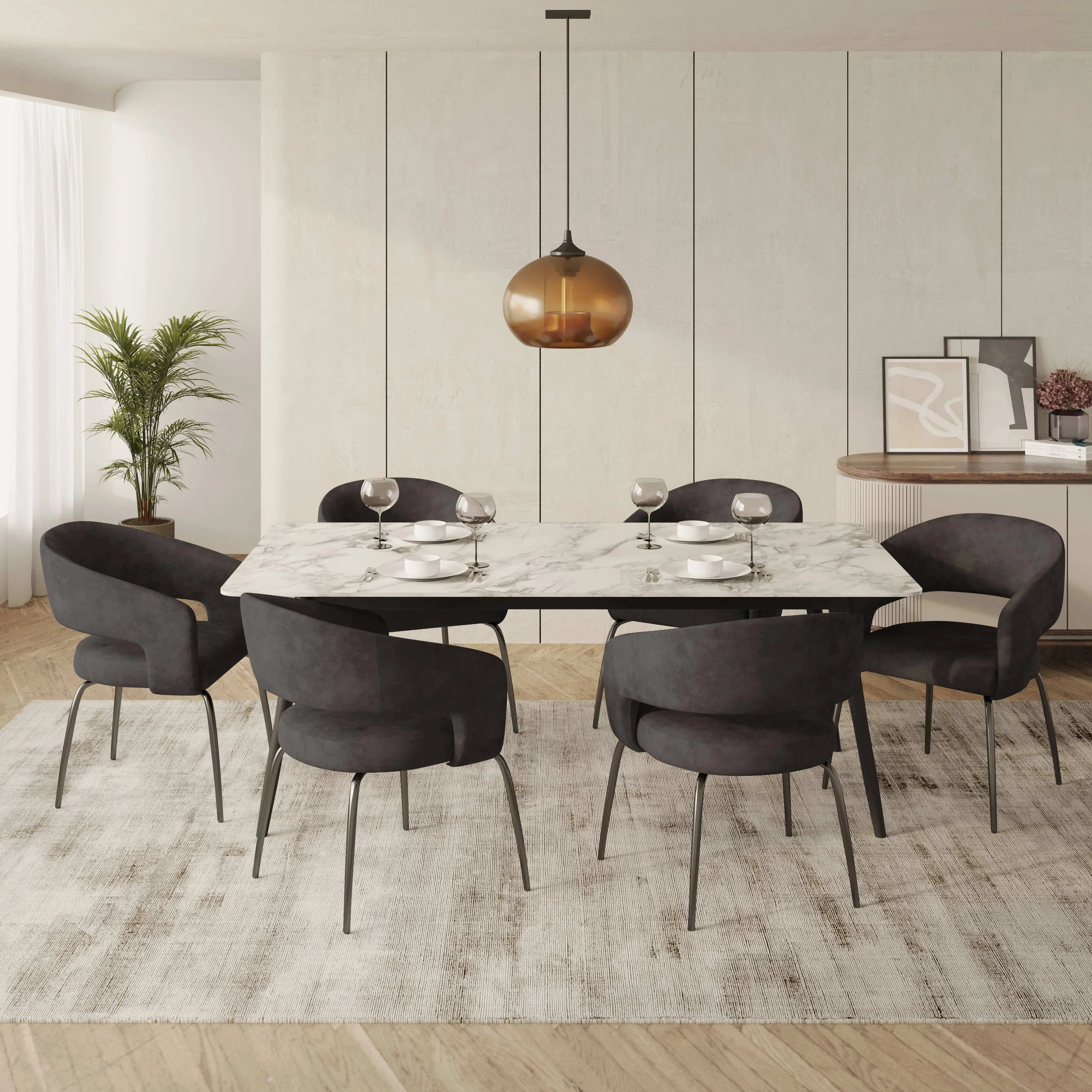 7-Piece Dining Set with Rectangular Sintered Stone Dining Table and 6 Velvet Dining Chairs with Iron Base