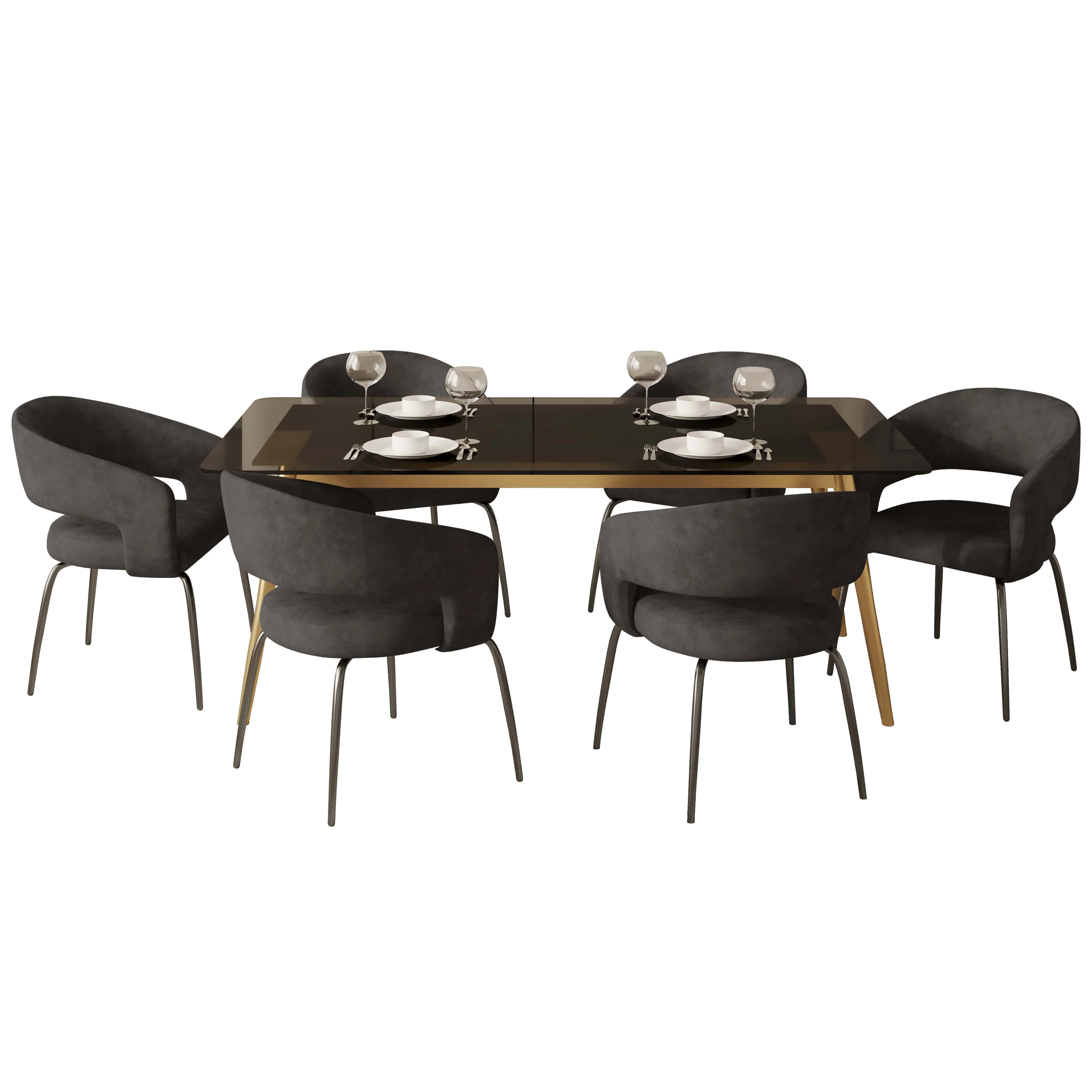 7-Piece Dining Set with Rectangular Glass Dining Table Gold Base and 6 Velvet Dining Chairs with Iron Base