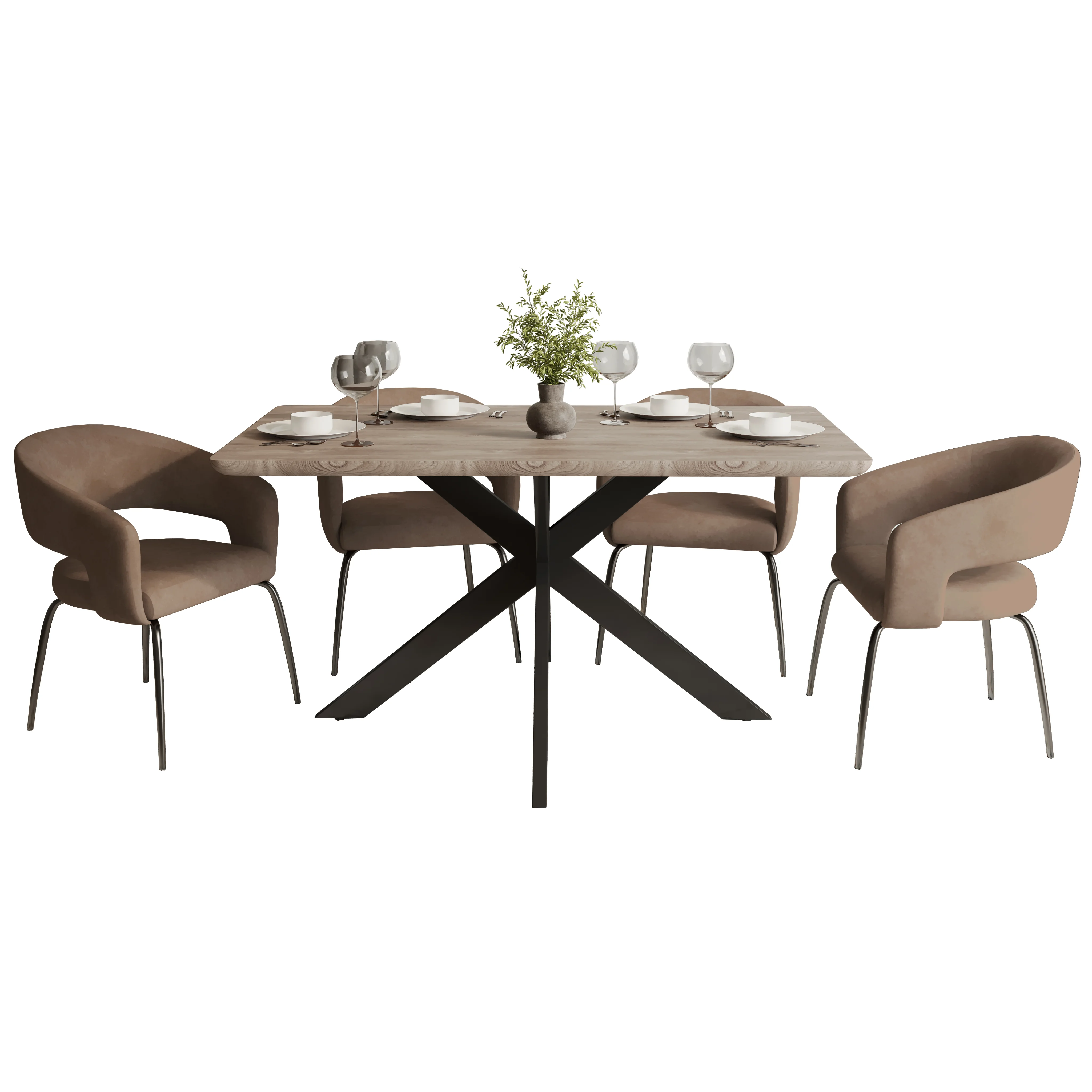 Ravenna 5-Piece Dining Set with Rectangular Dining Table in Maple and 6 Dining Chairs in Light Brown Velvet