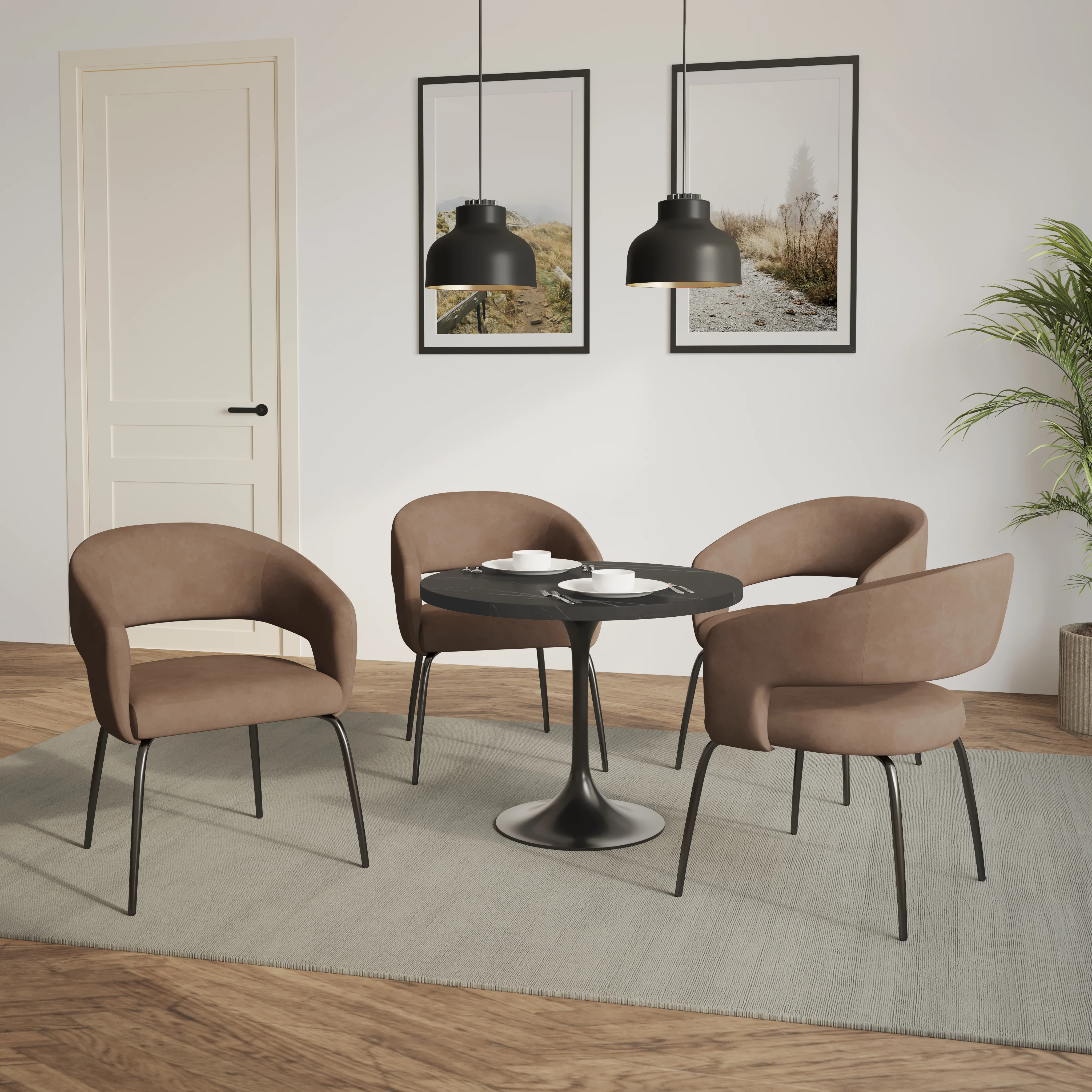 Verve 5-Piece Dining Set with 36" Round Dining Table in Black MDF Top and 4 Dining Chairs in Light Brown Velvet