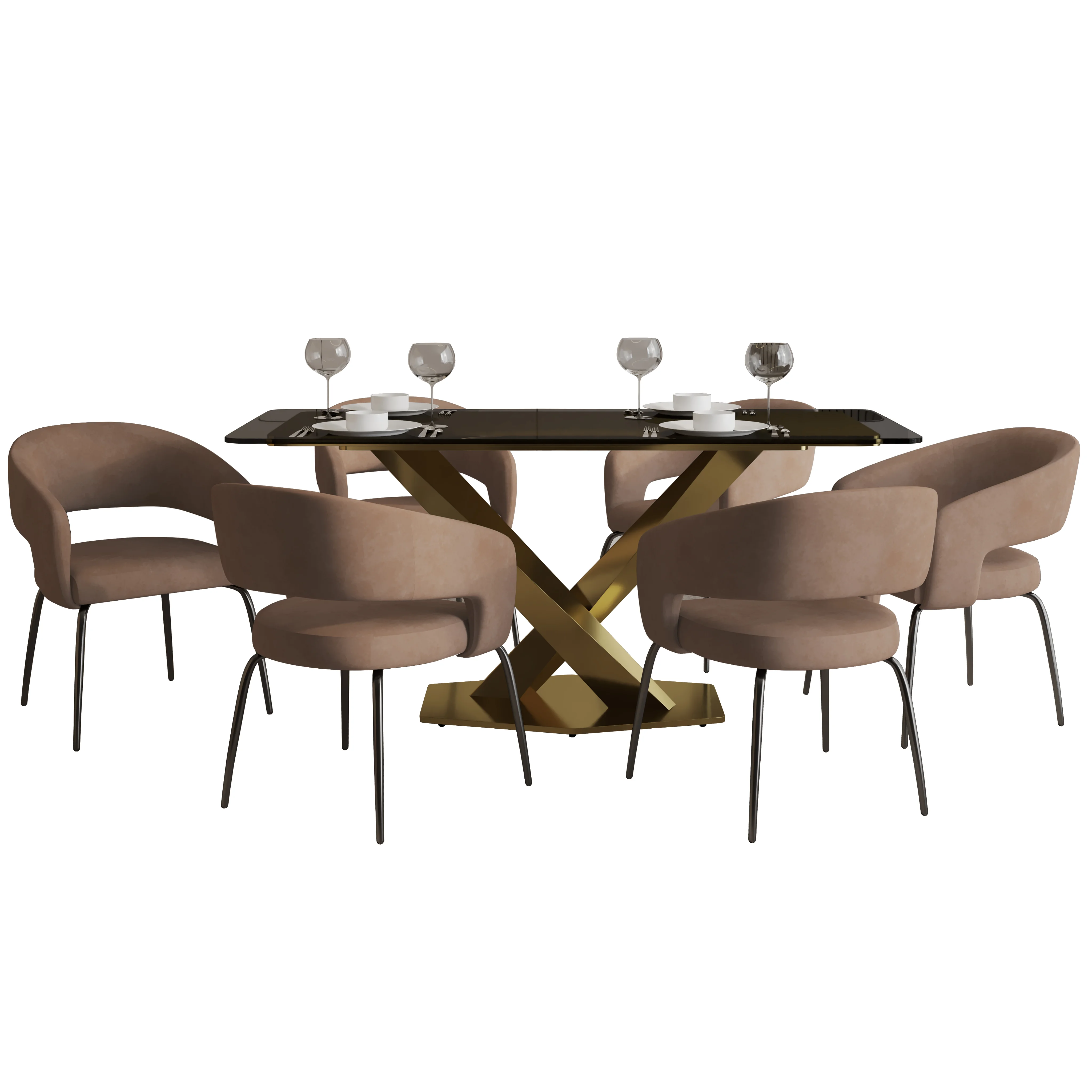 7-Piece Dining Set with Rectangular Glass Dining Table Gold Base and 6 Velvet Dining Chairs with Iron Base