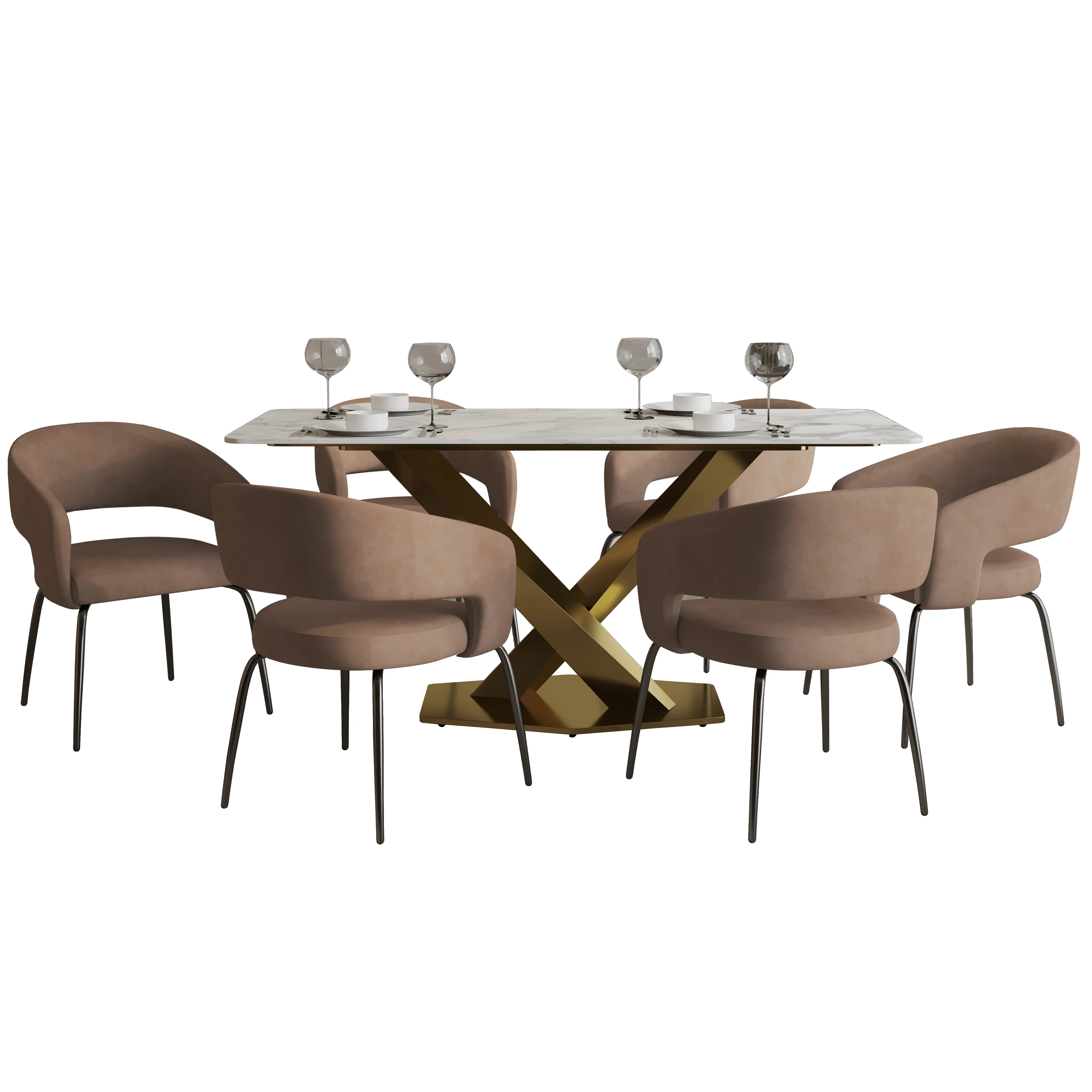 7-Piece Dining Set with Rectangular Sintered Stone Dining Table Gold Base and 6 Velvet Dining Chairs with Iron Base