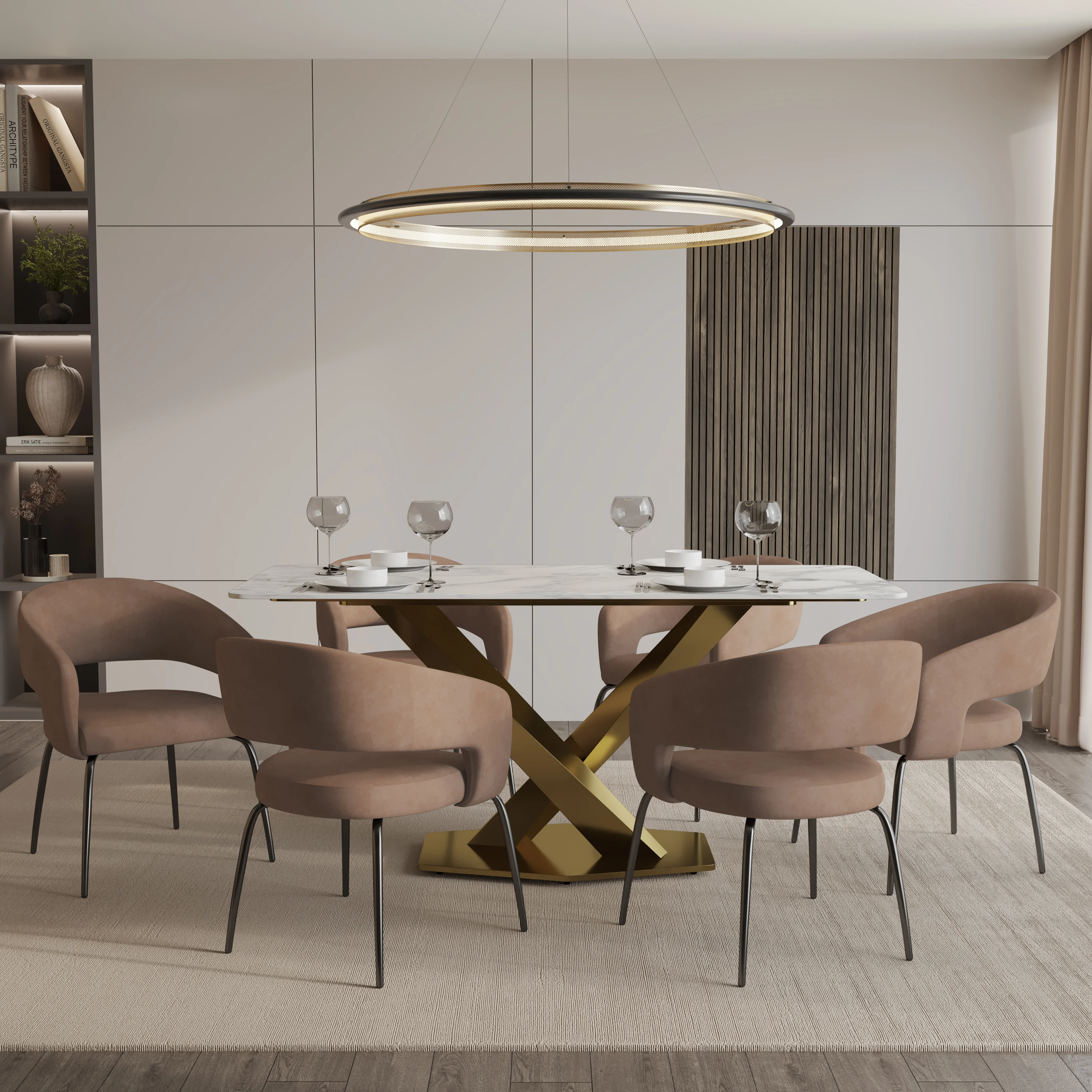 7-Piece Dining Set with Rectangular Sintered Stone Dining Table Gold Base and 6 Velvet Dining Chairs with Iron Base