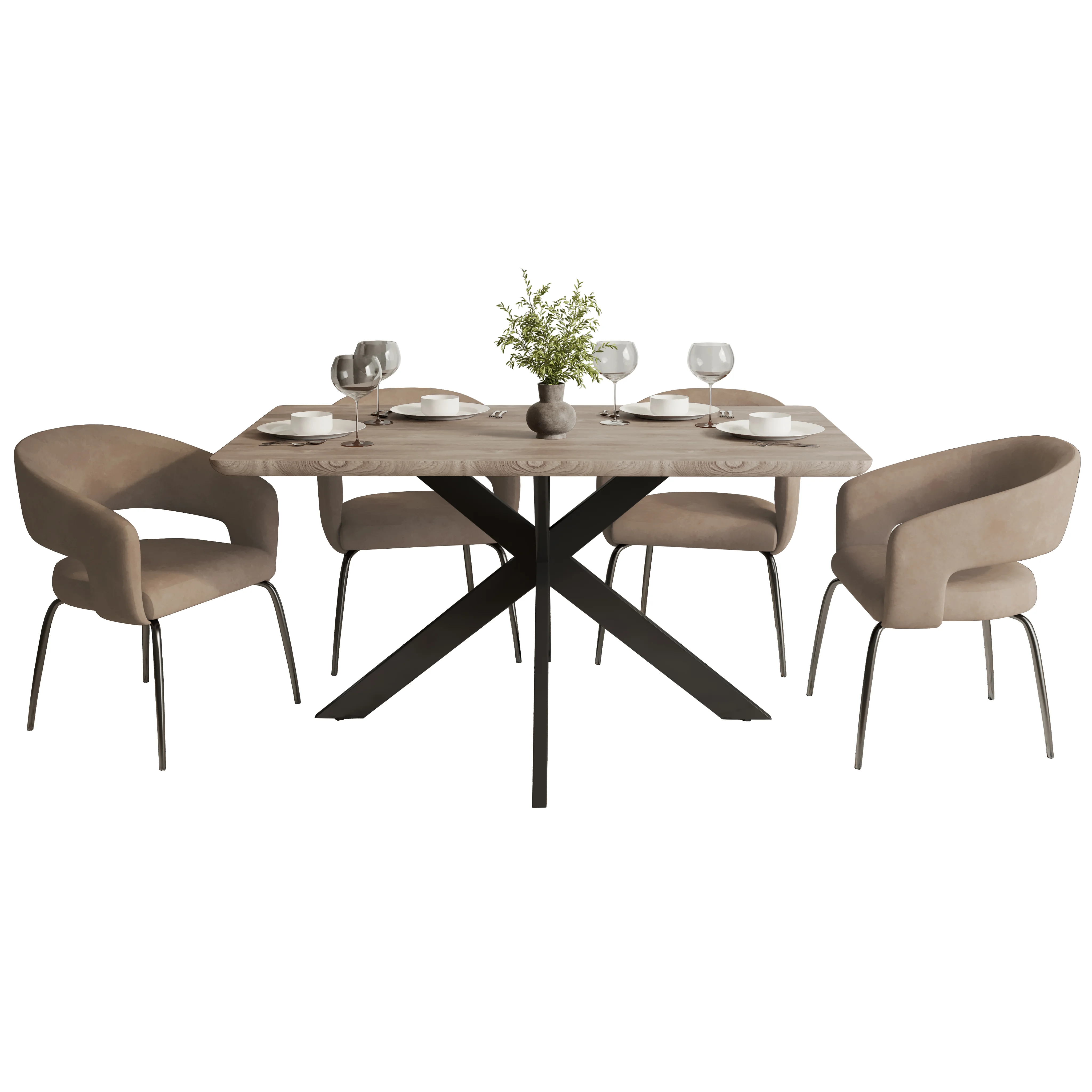 Ravenna 5-Piece Dining Set with Rectangular Dining Table in Maple and 6 Dining Chairs in Light Taupe Leather