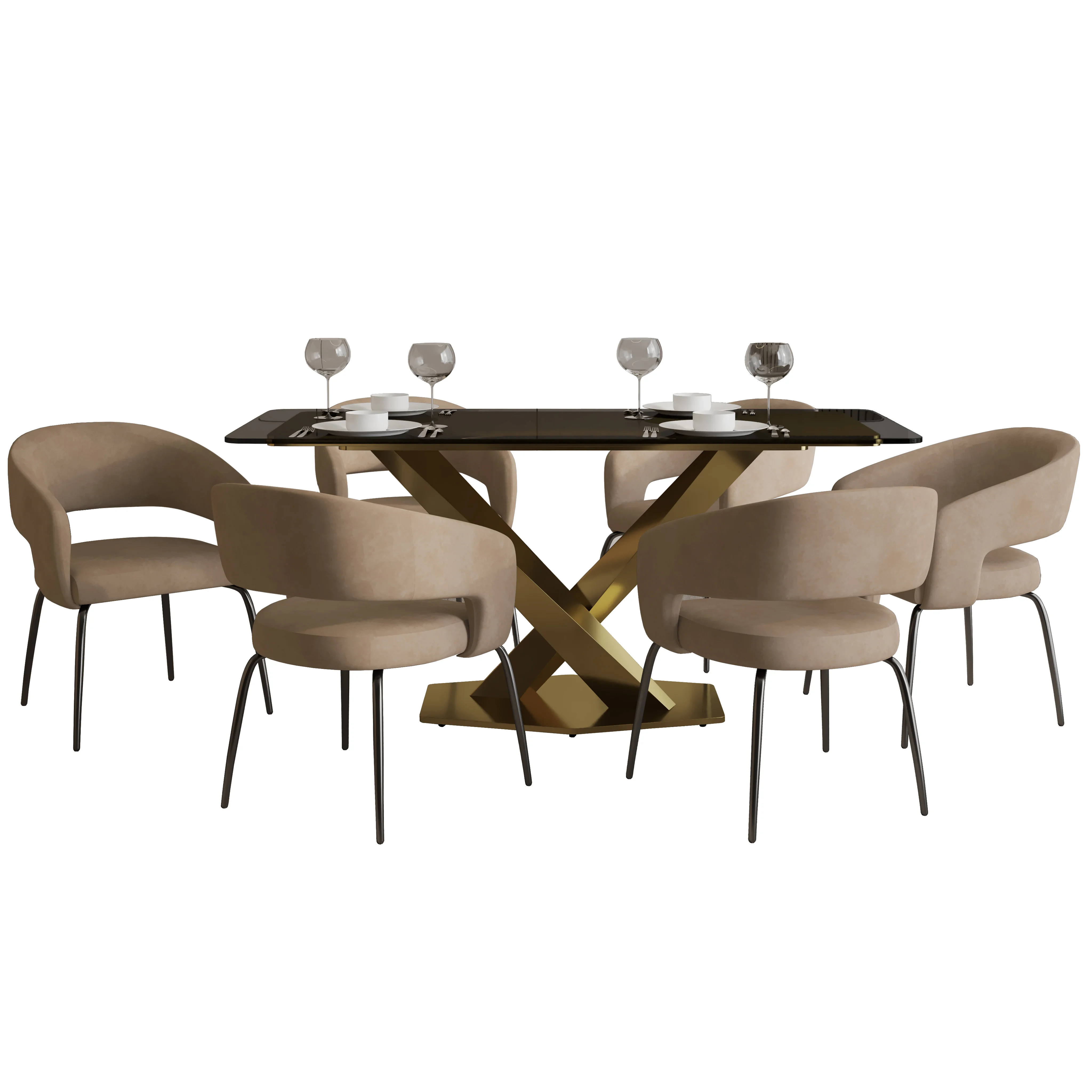 7-Piece Dining Set with Rectangular Glass Dining Table Gold Base and 6 Leather Dining Chairs with Iron Base