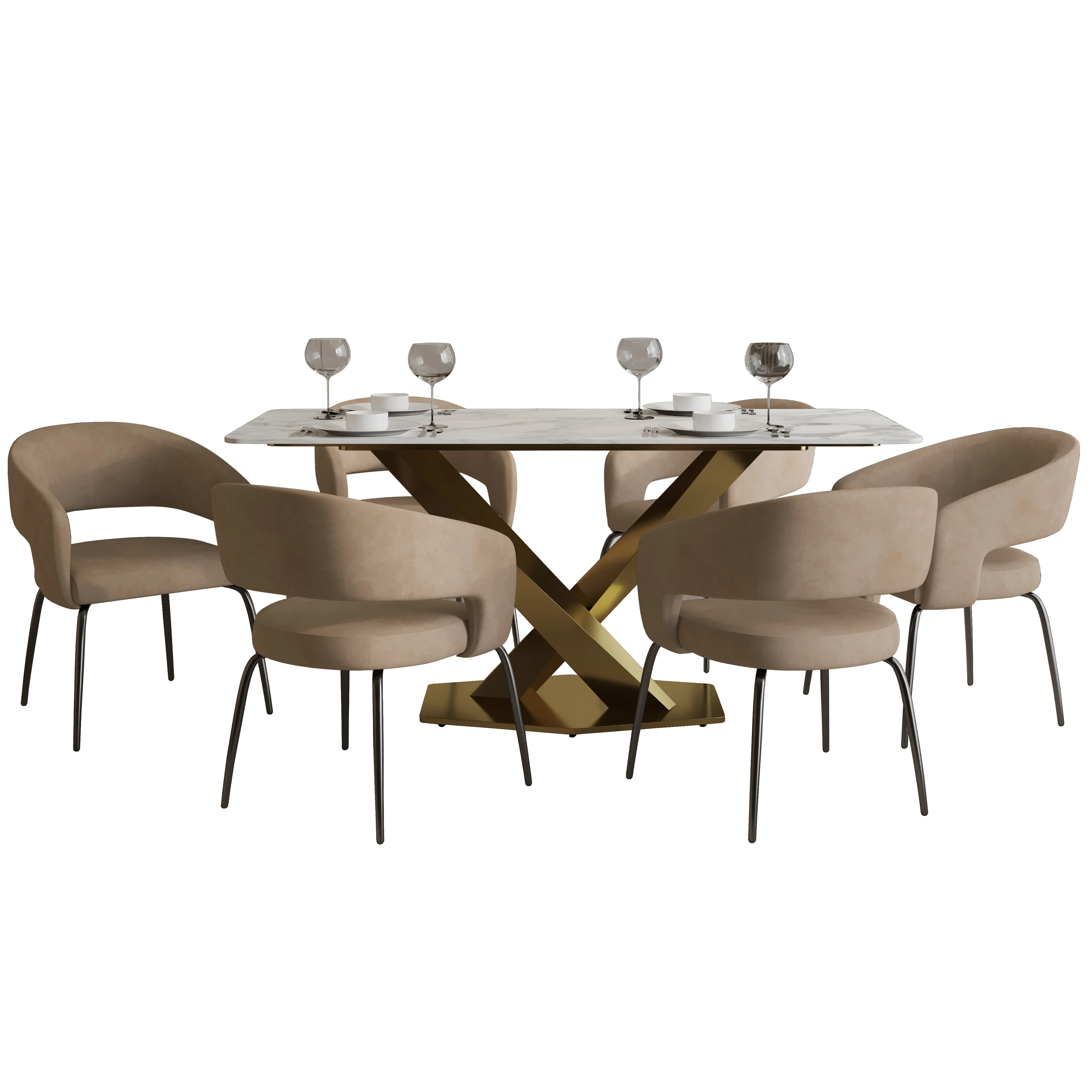 7-Piece Dining Set with Rectangular Sintered Stone Dining Table Gold Base and 6 Leather Dining Chairs with Iron Base