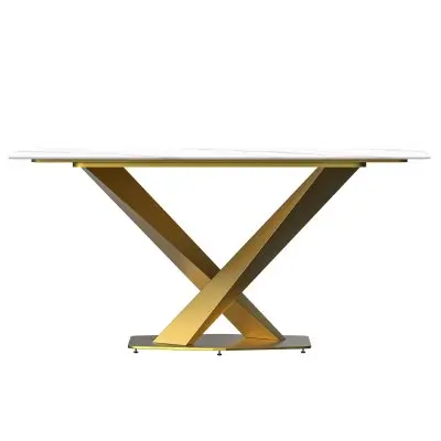 7-Piece Dining Set with Rectangular Sintered Stone Dining Table Gold Base and 6 Leather Dining Chairs with Iron Base