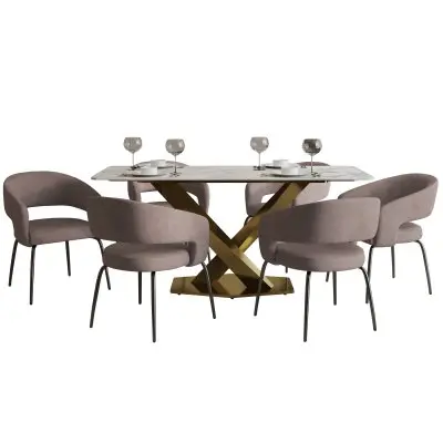 7-Piece Dining Set with Rectangular Sintered Stone Dining Table Gold Base and 6 Leather Dining Chairs with Iron Base