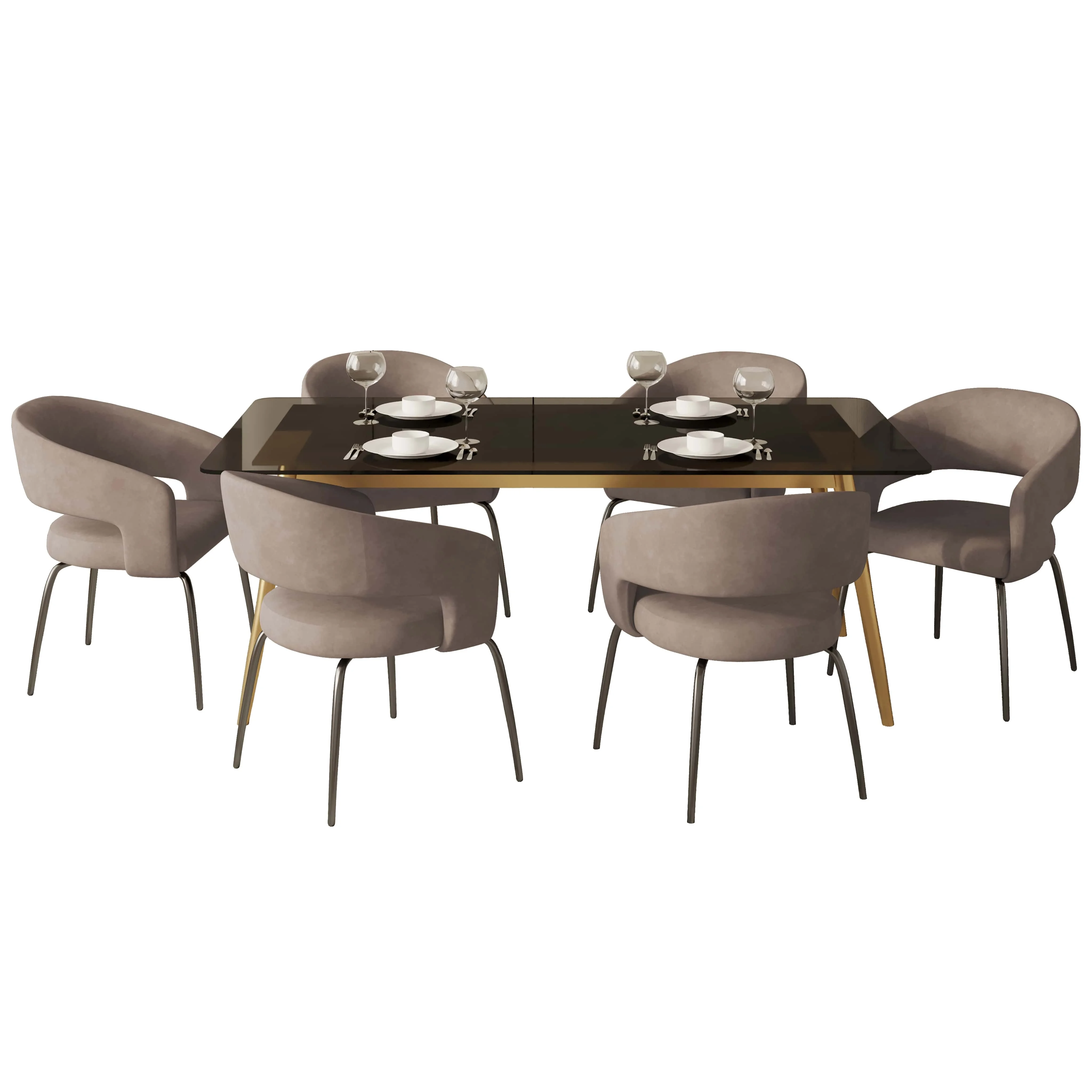 7-Piece Dining Set with Rectangular Glass Dining Table Gold Base and 6 Leather Dining Chairs with Iron Base