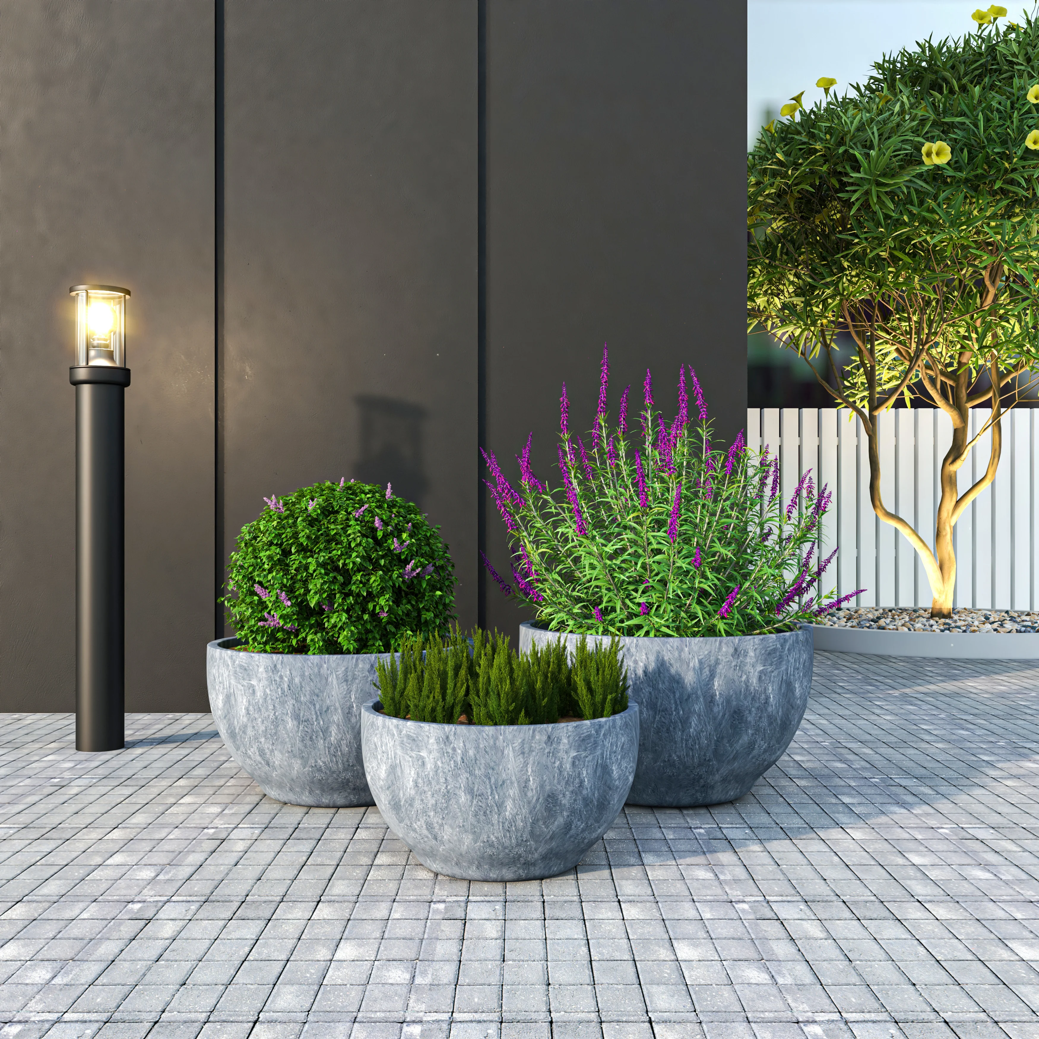 Grove Series Poly Stone Planter Set in Aged Concrete