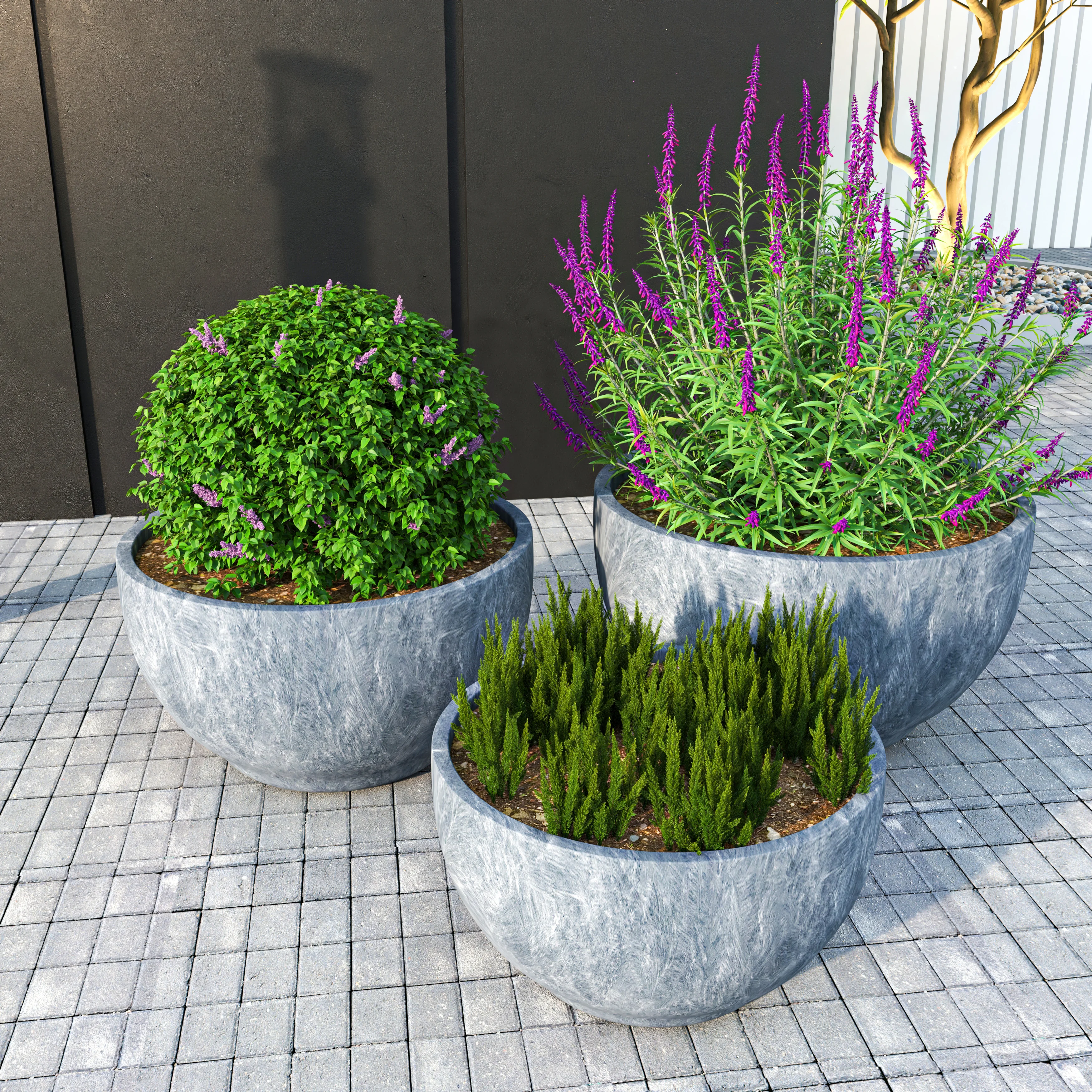 Grove Series Poly Stone Planter Set in Aged Concrete