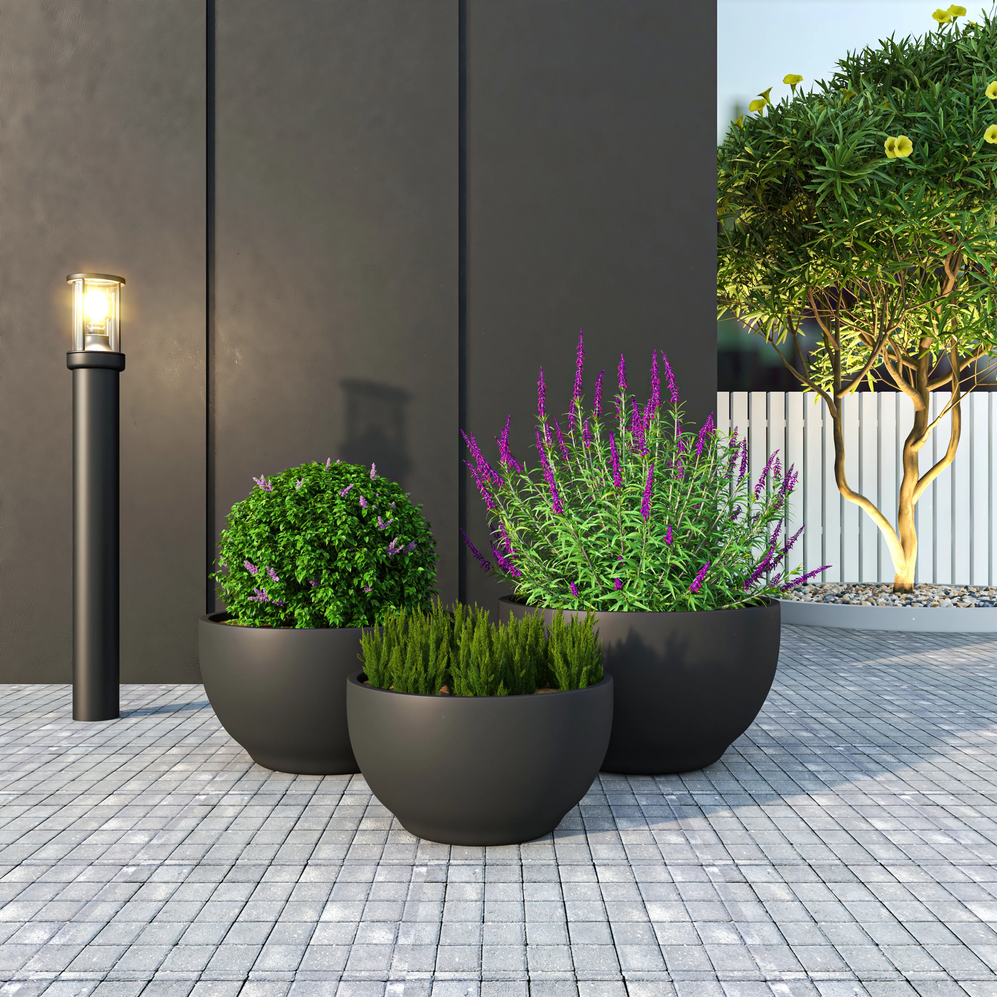 Grove Series Poly Stone Planter Set in Black