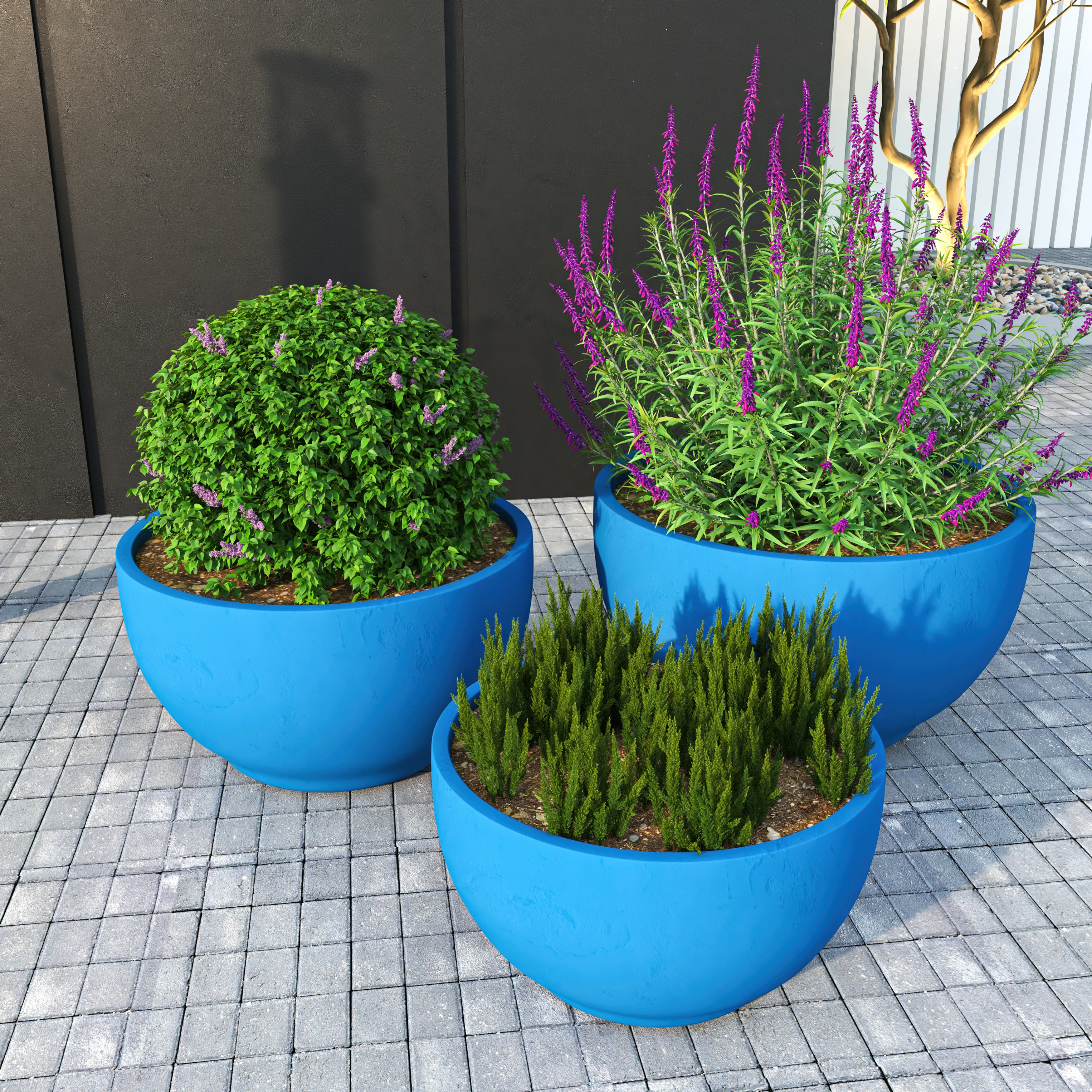 Grove Series Poly Stone Planter Set in Blue