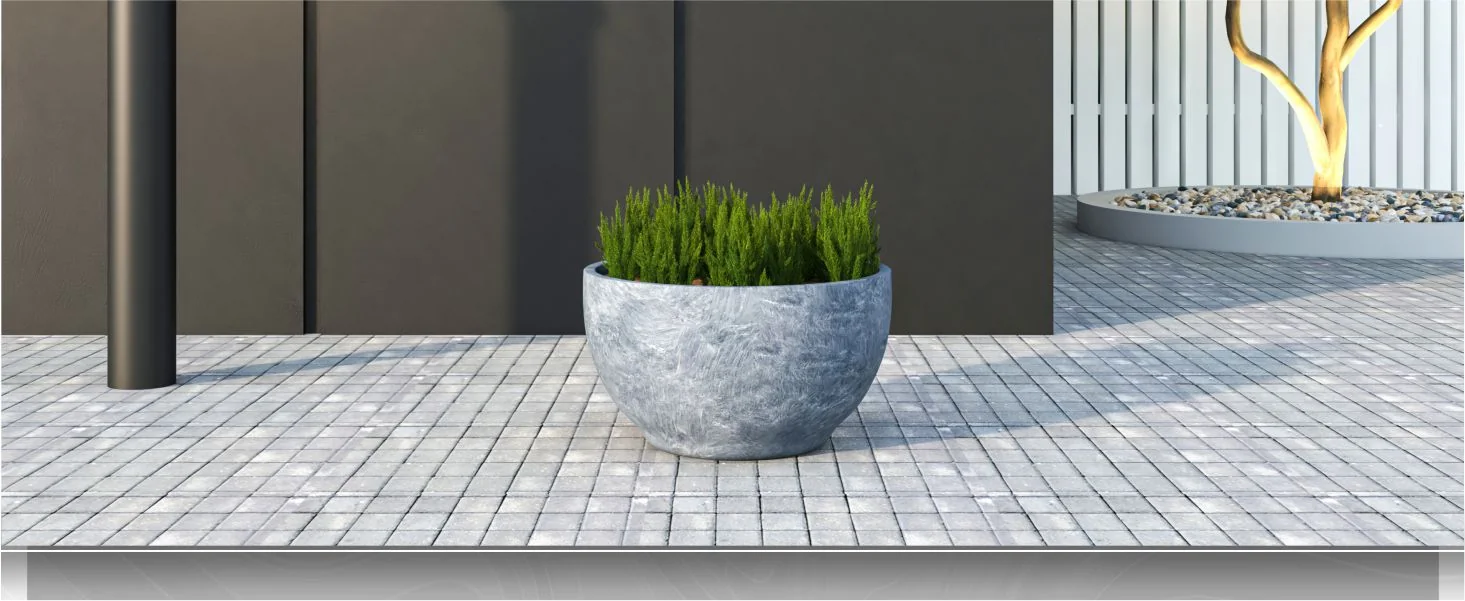Grove Series Hemisphere Poly Clay Planter in Aged Concrete 10.6 Dia, 5.9 High