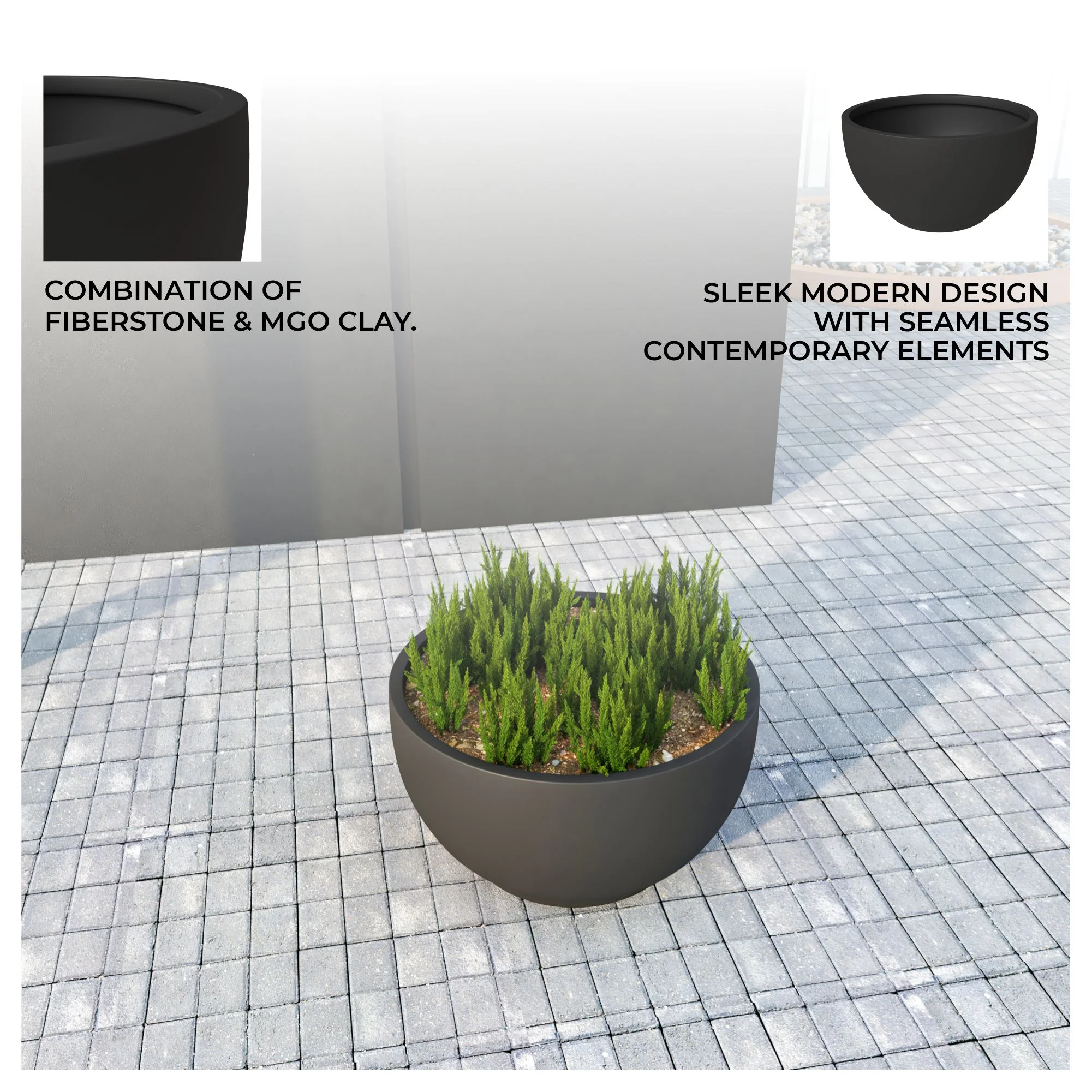 Grove Series Hemisphere Poly Clay Planter in Black 10.6 Dia, 5.9 High