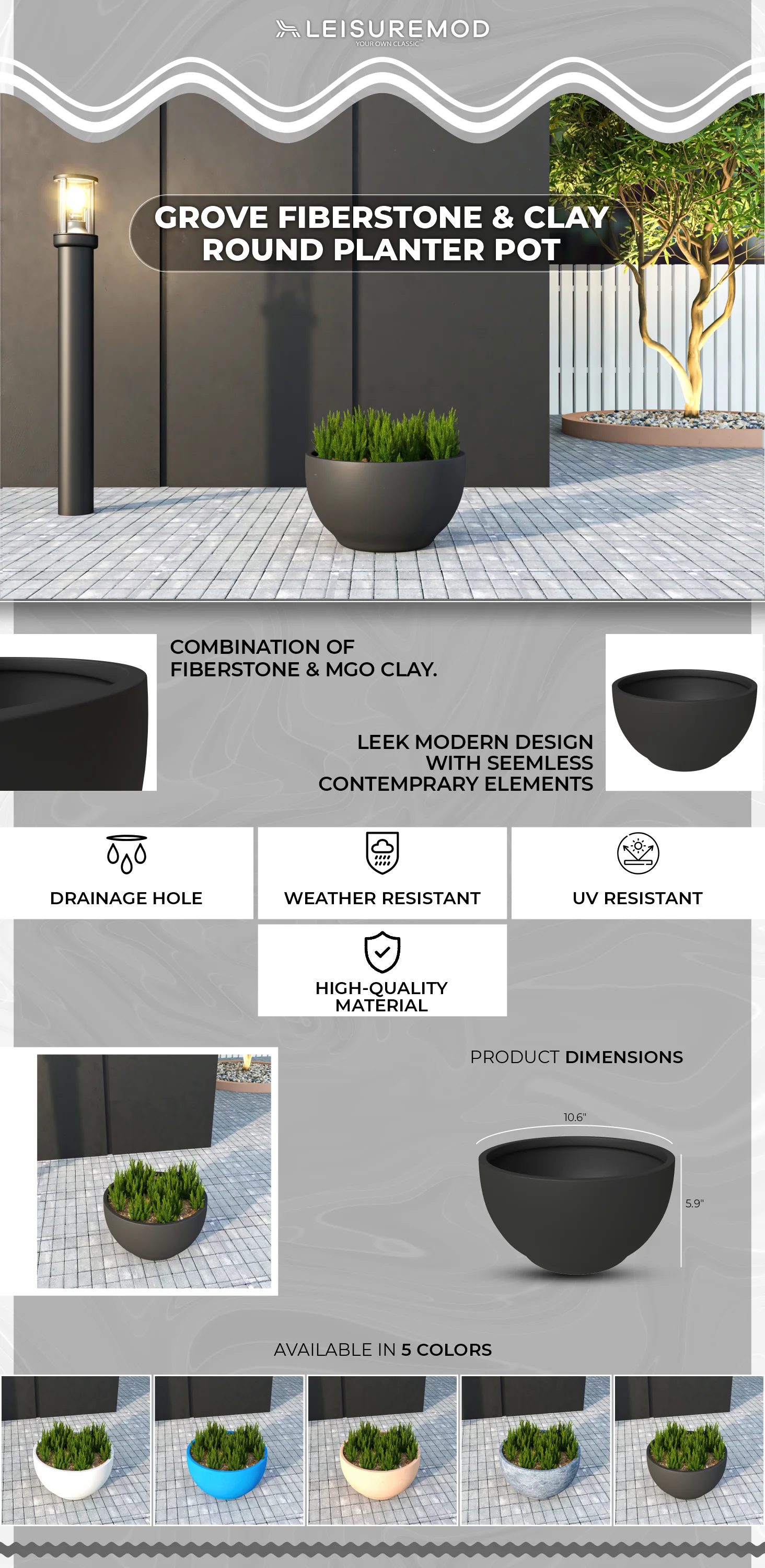 Grove Series Hemisphere Poly Clay Planter in Black 10.6 Dia, 5.9 High