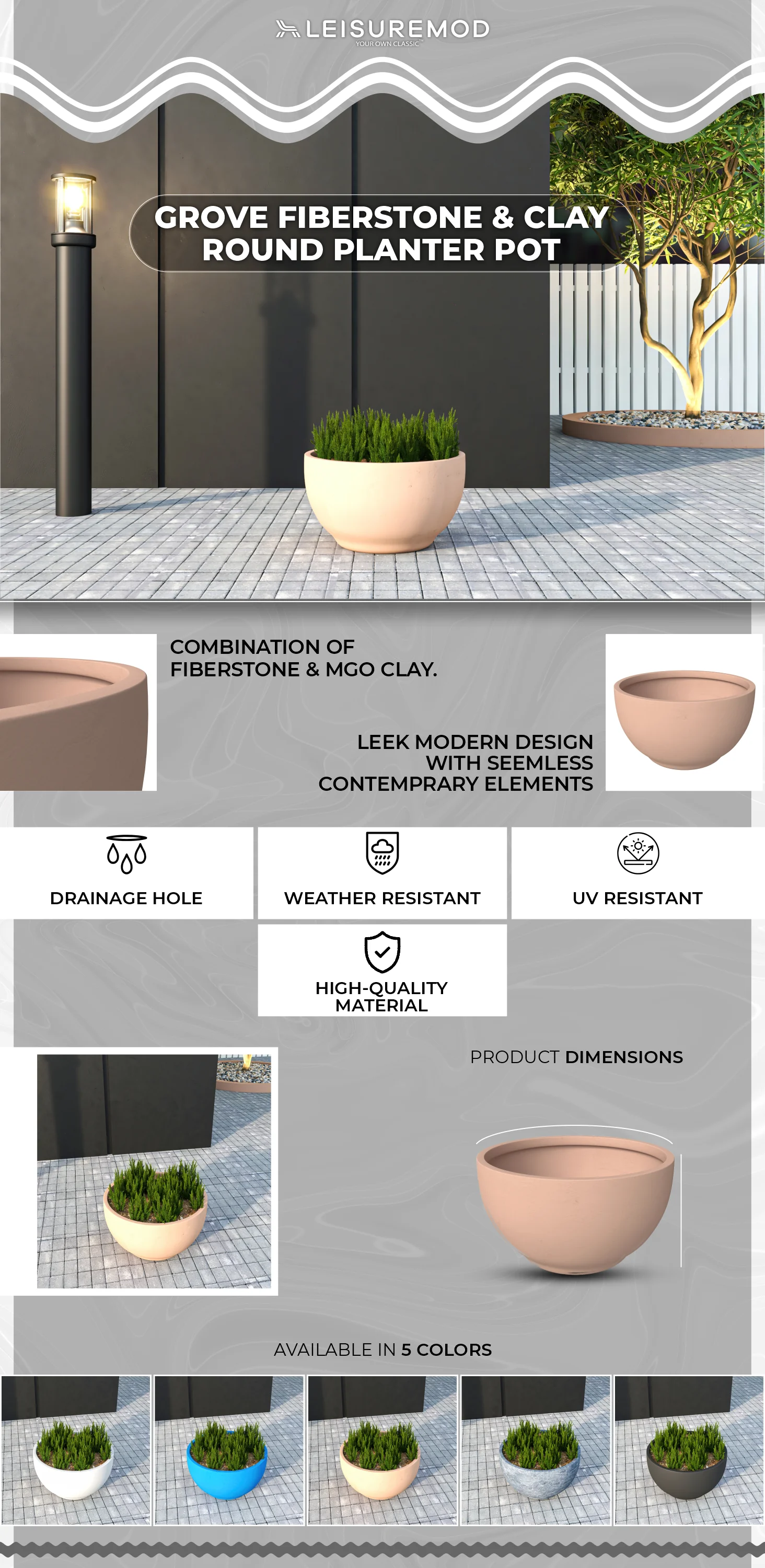 Grove Series Hemisphere Poly Clay Planter in Terra cotta Color 10.6 Dia, 5.9 High