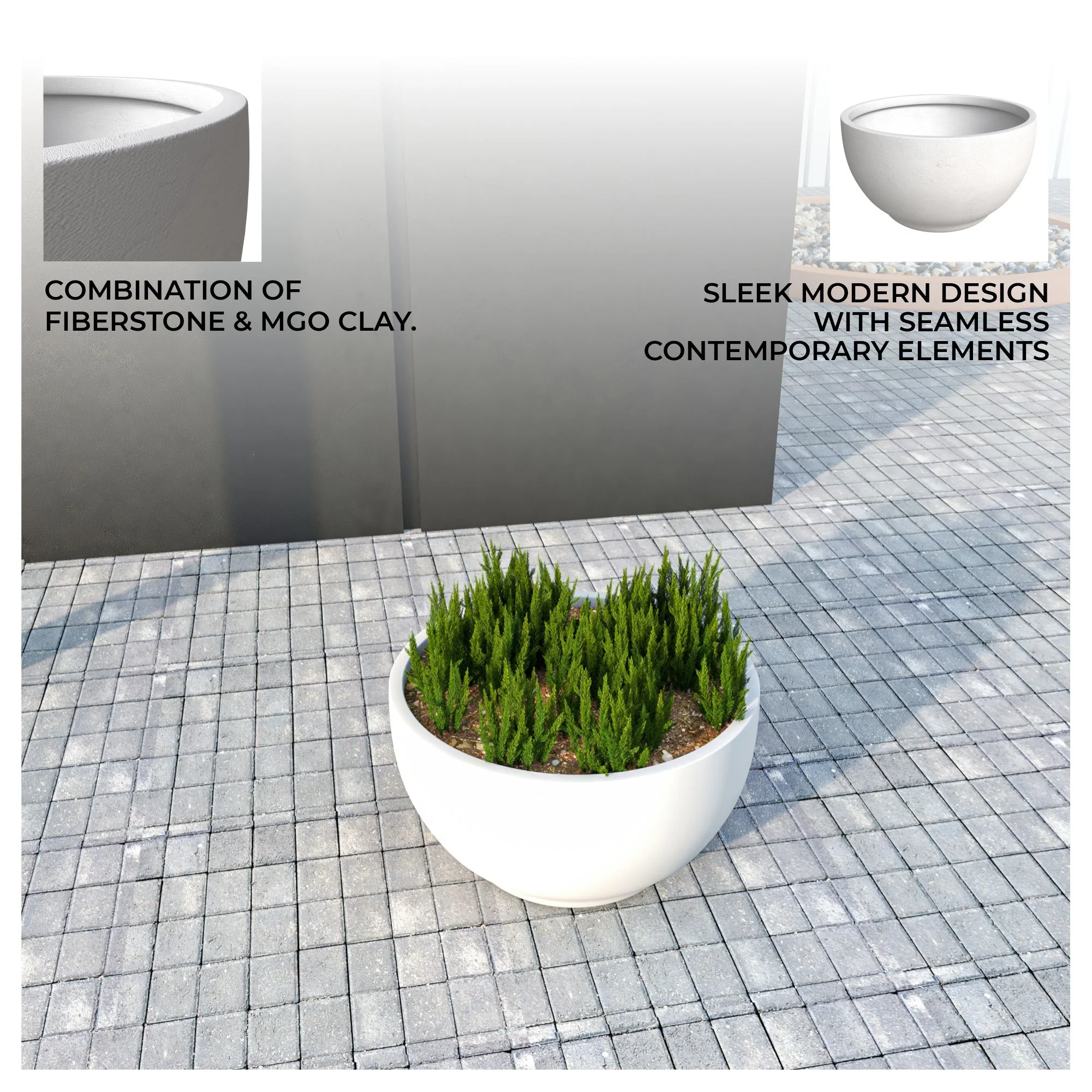 Grove Series Hemisphere Poly Clay Planter in White 10.6 Dia, 5.9 High