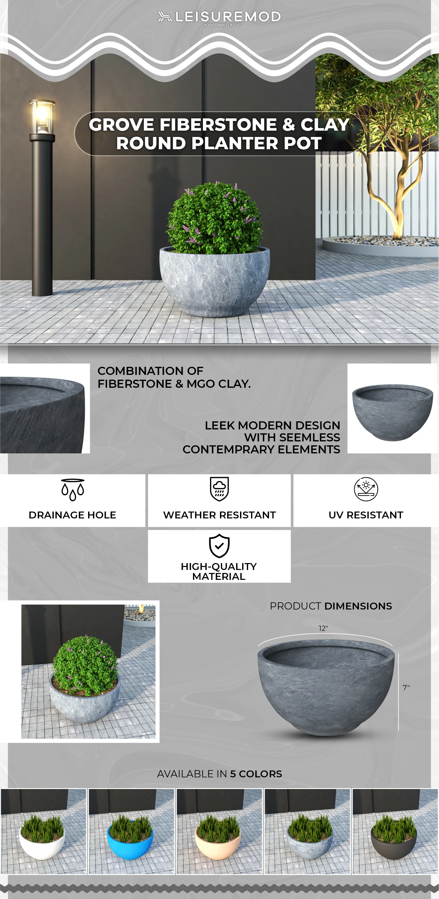 Grove Series Hemisphere Poly Clay Planter in Aged Concrete 12.4 Dia, 7.1 High