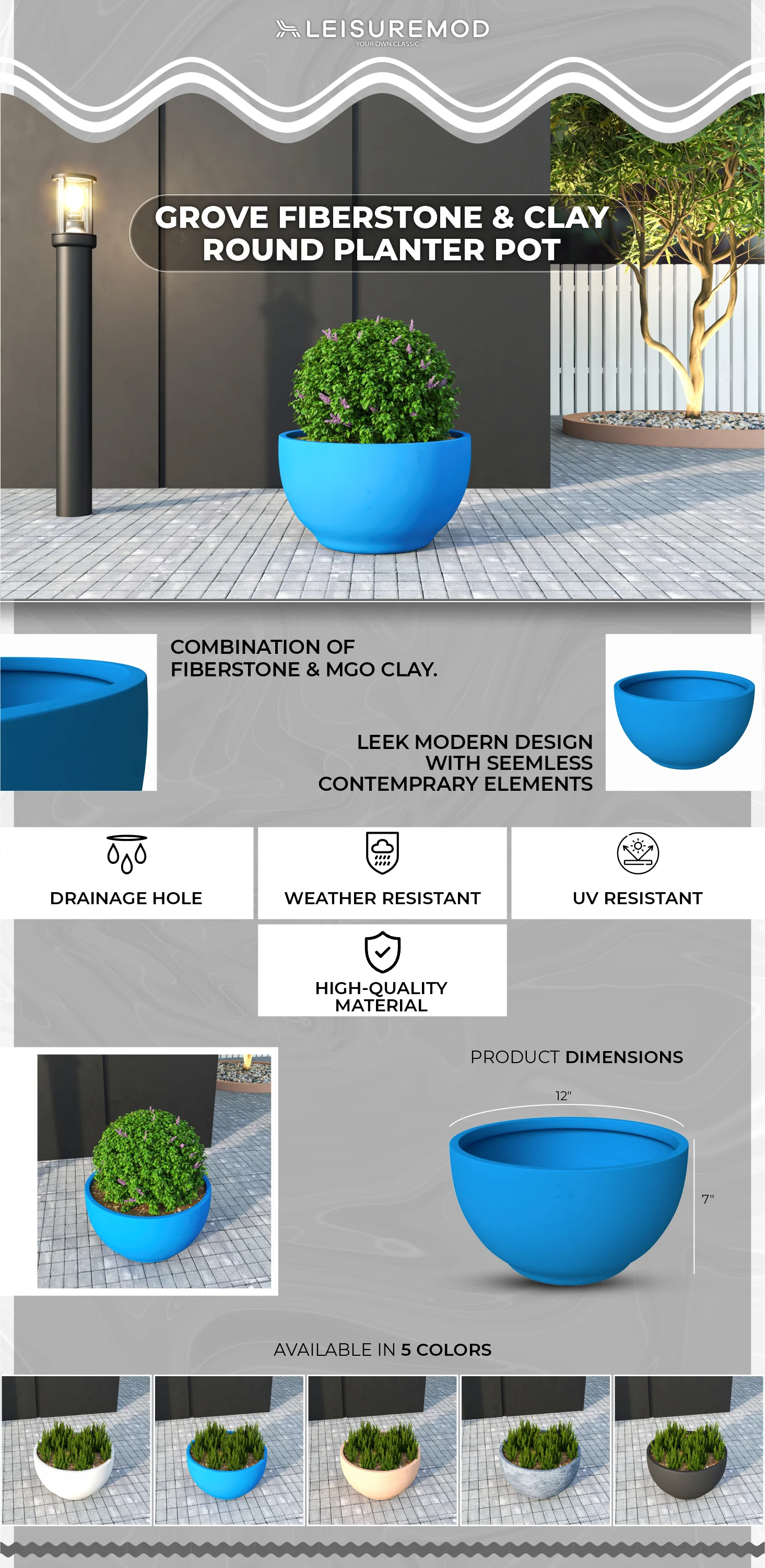 Grove Series Hemisphere Poly Clay Planter in Blue 12.4 Dia, 7.1 High