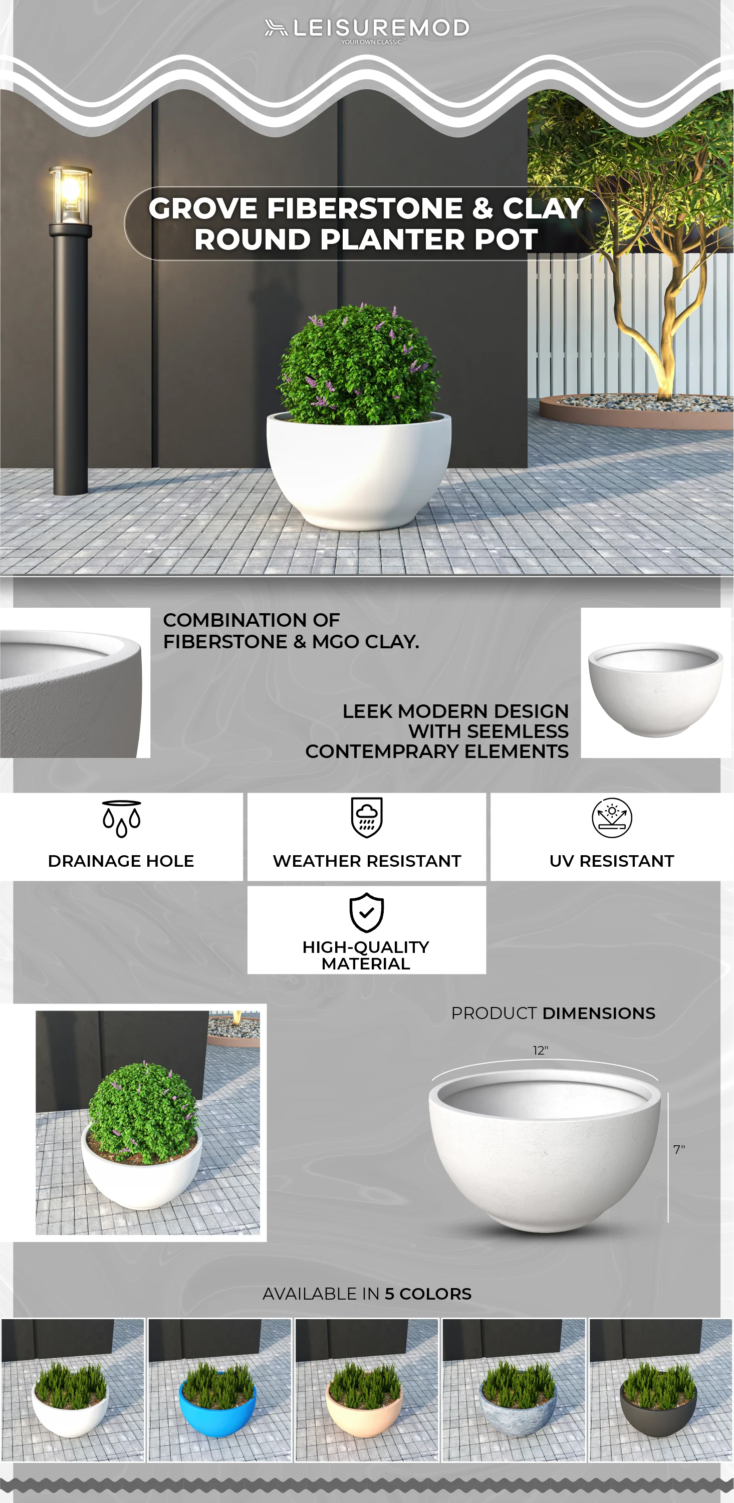 Grove Series Hemisphere Poly Clay Planter in White 12.4 Dia, 7.1 High