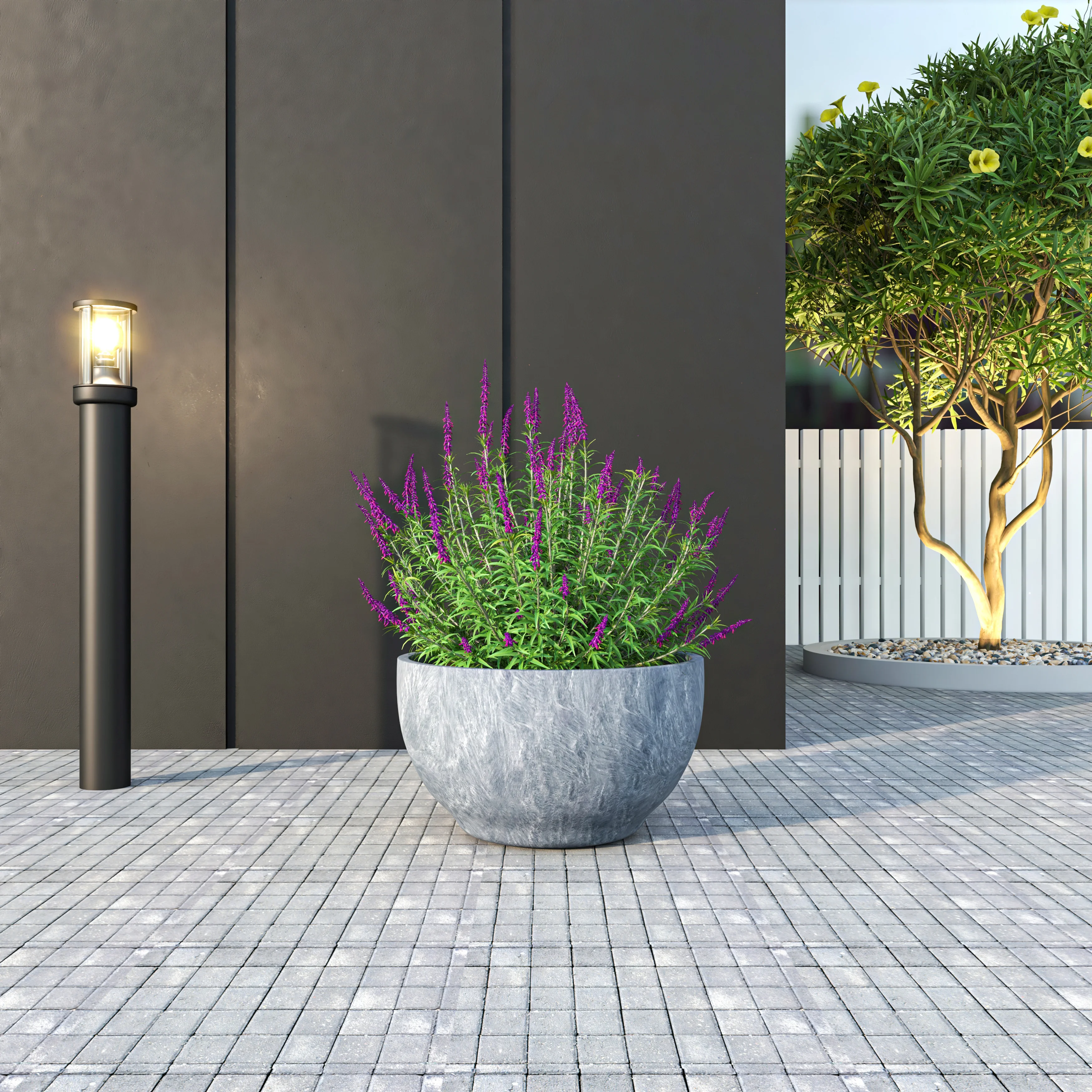 Grove Series Hemisphere Poly Clay Planter in Aged Concrete 14.9 Dia, 7.8 High