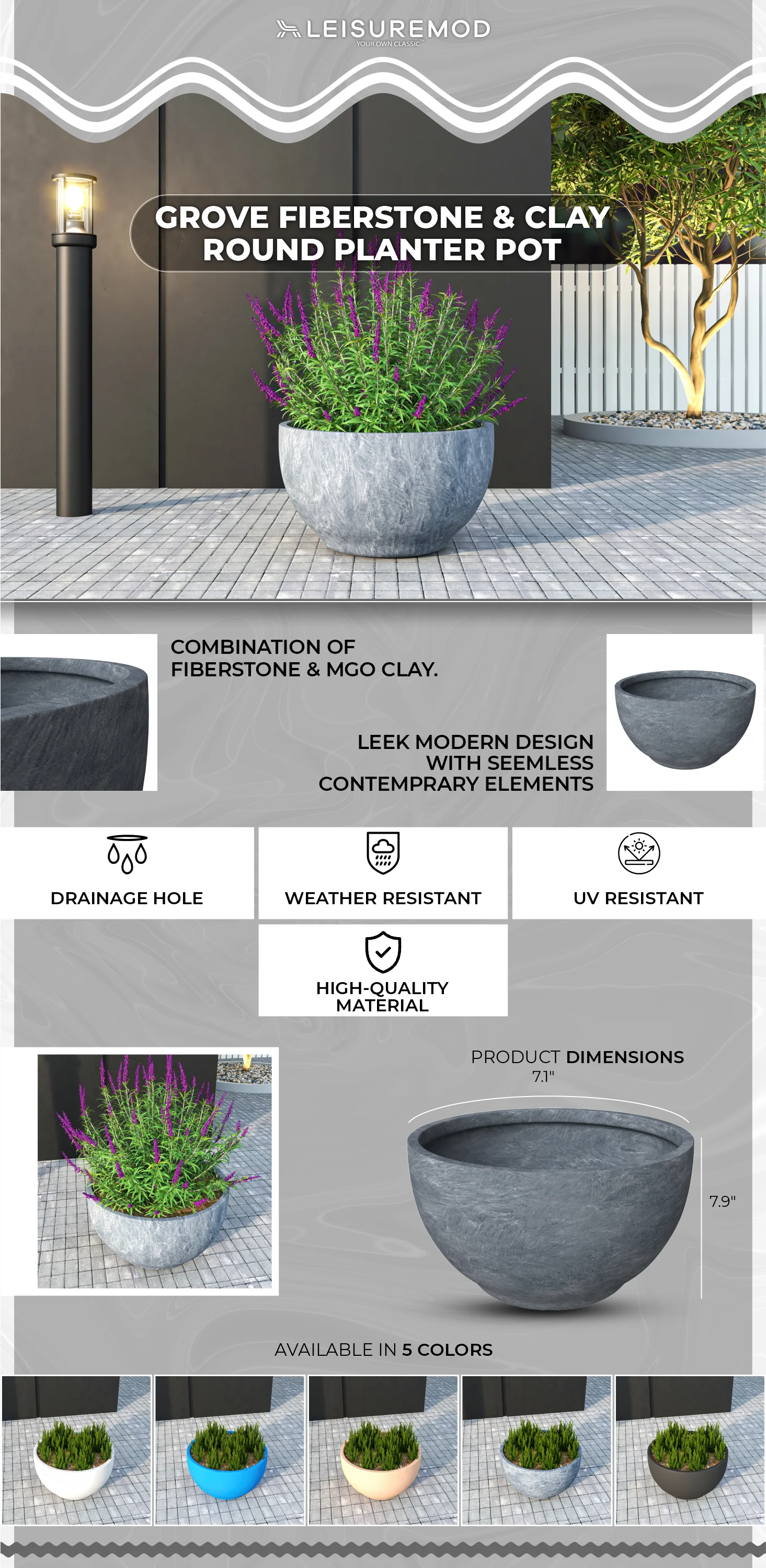 Grove Series Hemisphere Poly Clay Planter in Aged Concrete 14.9 Dia, 7.8 High