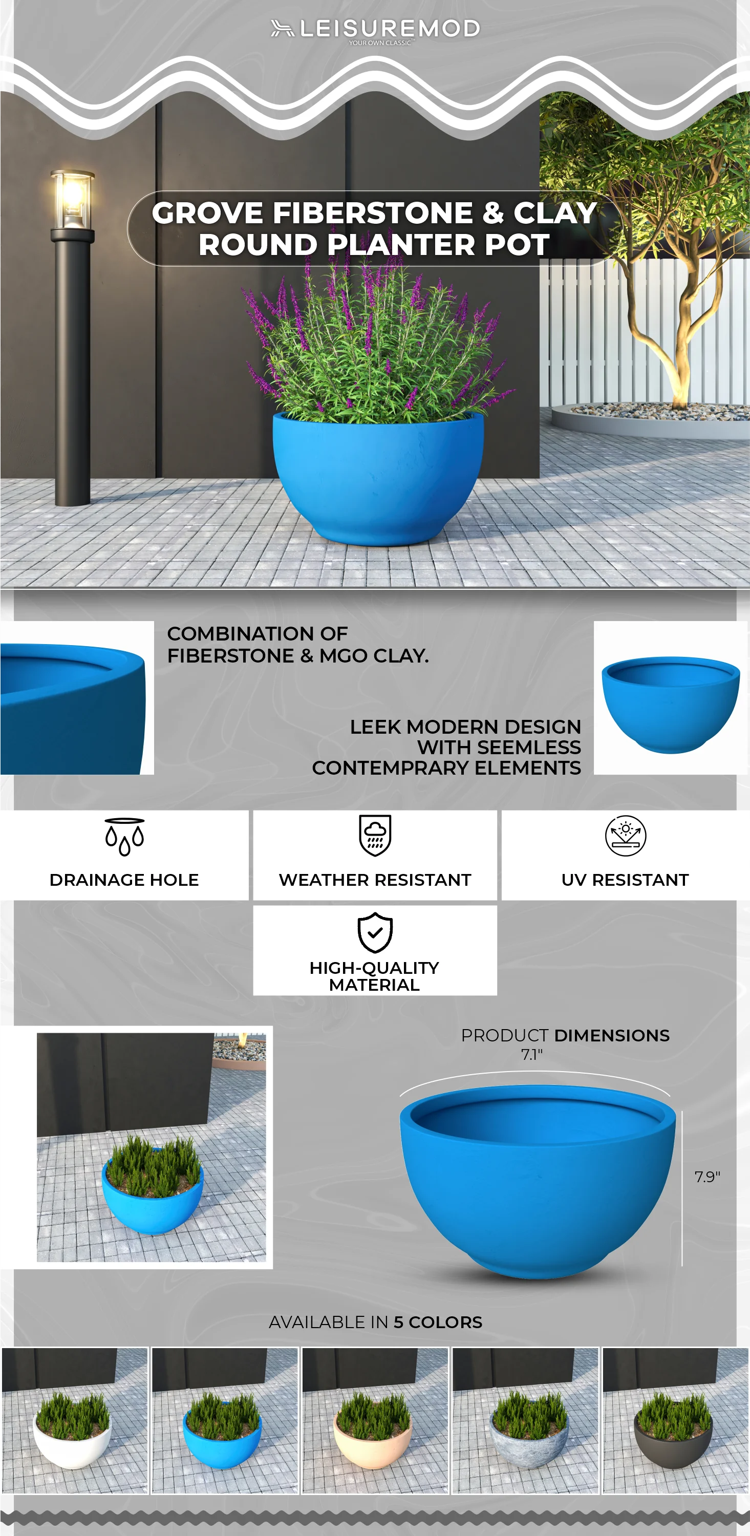 Grove Series Hemisphere Poly Clay Planter in Blue 14.9 Dia, 7.8 High