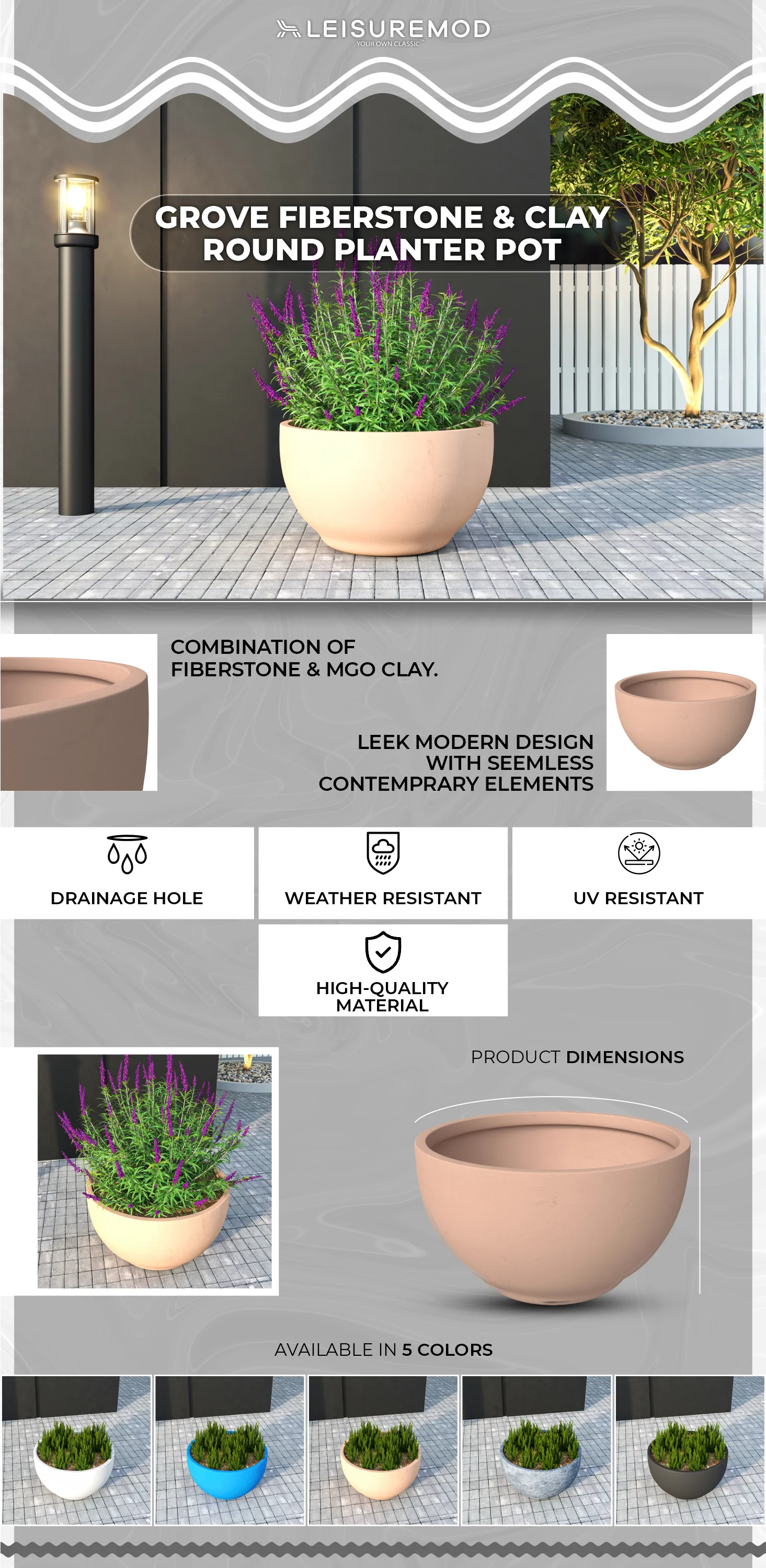 Grove Series Hemisphere Poly Clay Planter in Terra cotta Color 14.9 Dia, 7.8 High