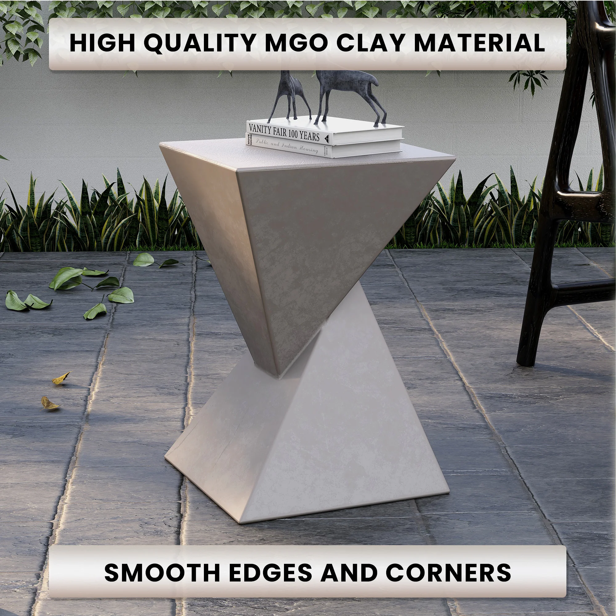 Glint Collection Fiberglass Outdoor Side Table in Marble White