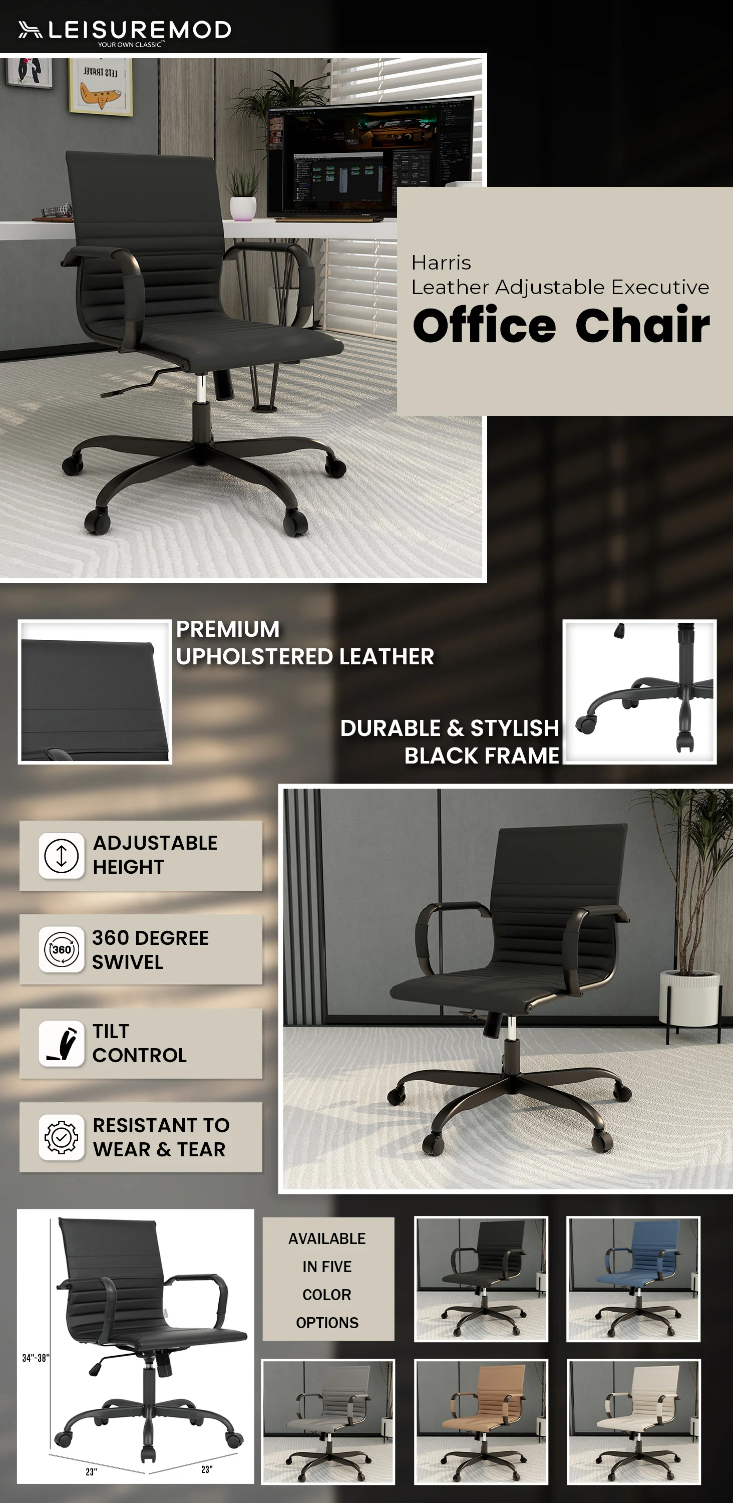 Harris Leather Home Office Chair With Black Frame in Black