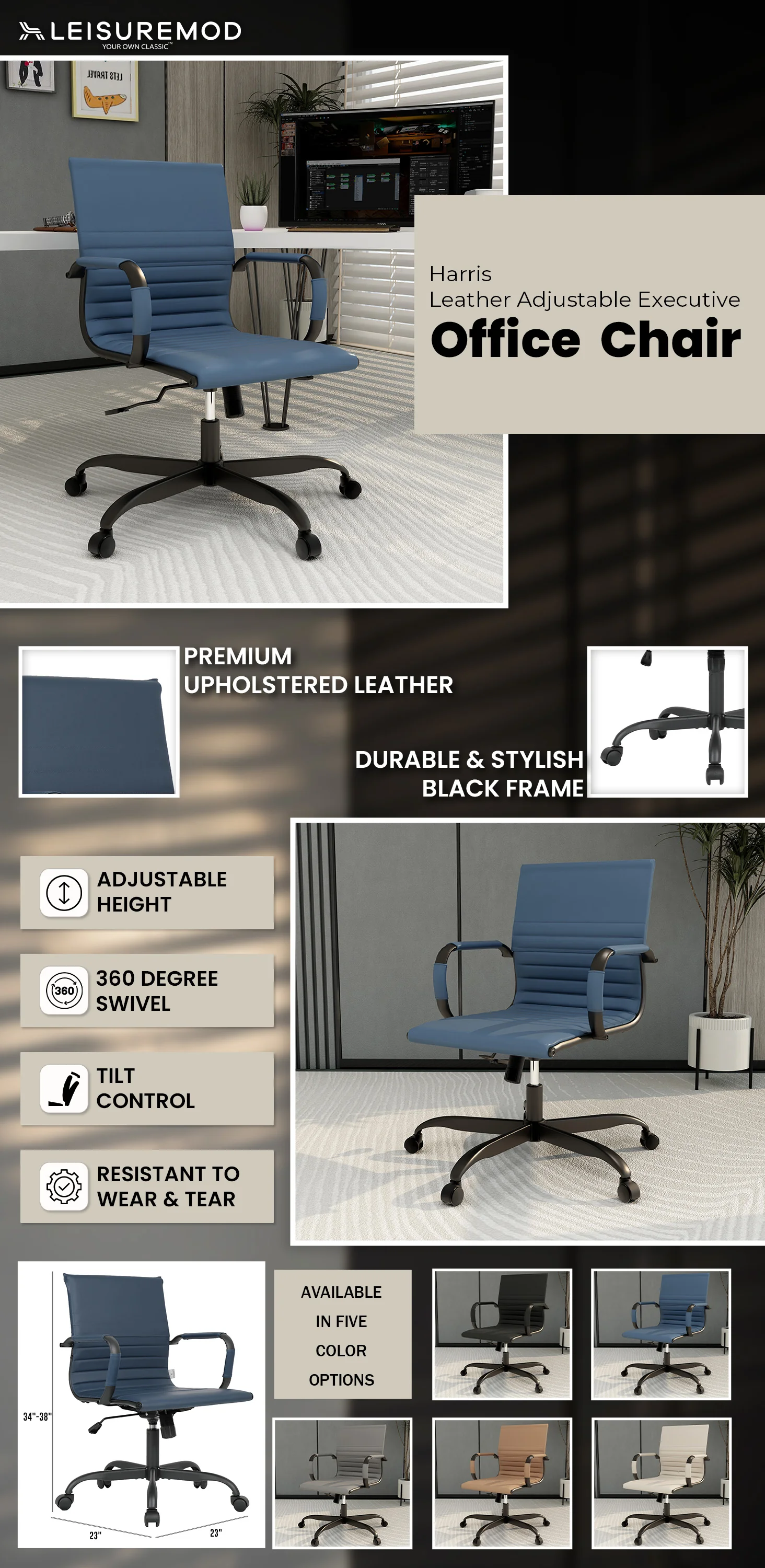 Harris Leather Office Chair in Blue With Black Frame